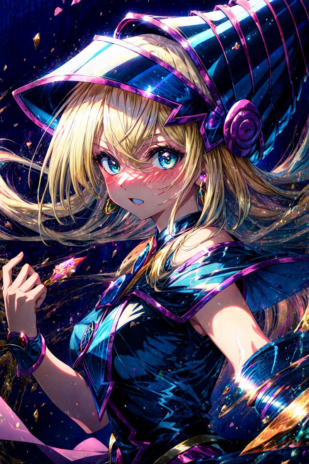 ​masterpiece、 Superior Quality、 Better Quality、 offcial art、 Beautiful and aesthetic、 Best Quality、 8K、 32K、 masutepiece、Dark Magician Girl、a blond、,hmdmg1, wizard hat, blush, pentagram background