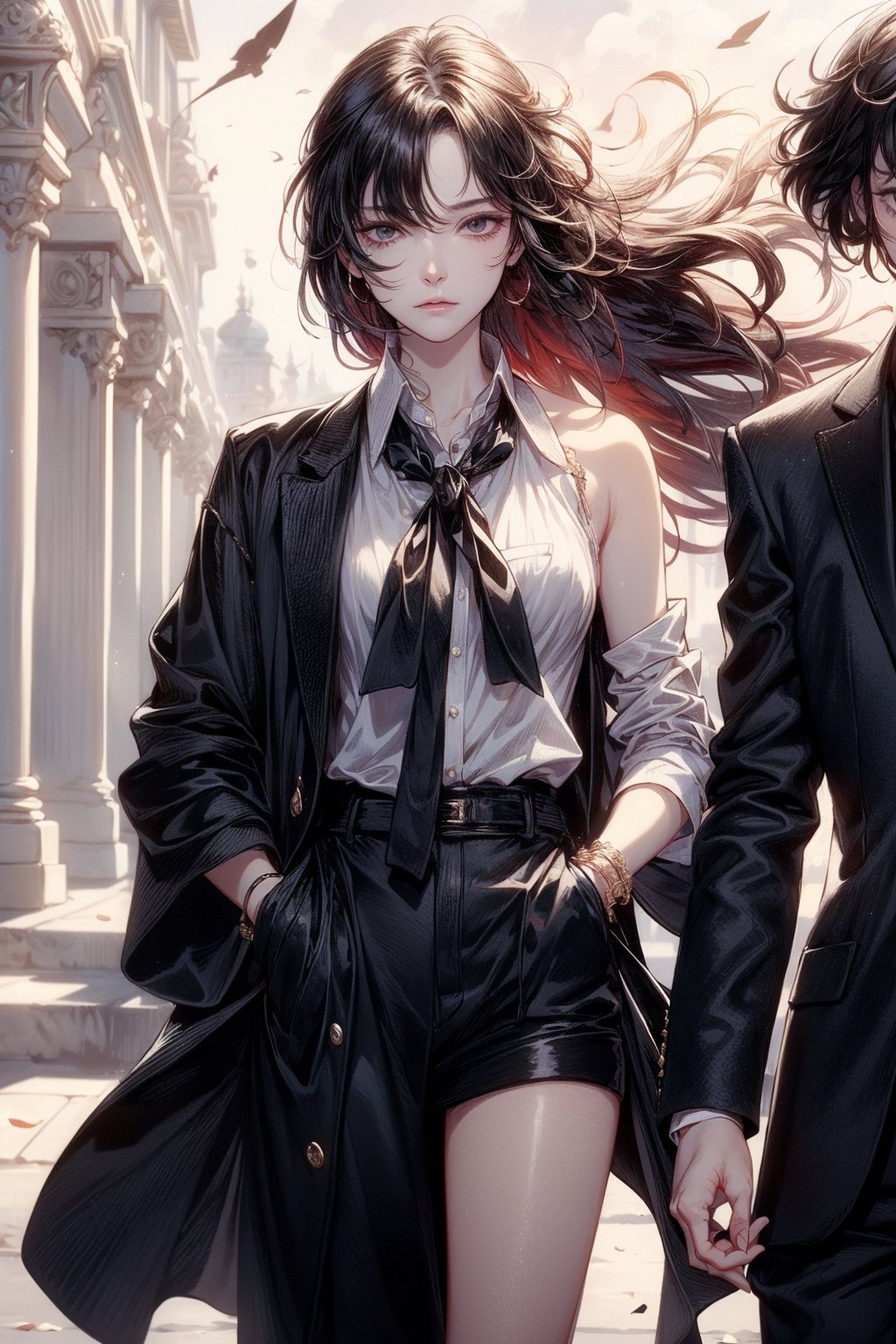 20 year old girl stares blankly with an emotionless expression which was on her face most of the time. She is wearing a black suit (on the shoulder like dazai) , a white shirt, a red tie and trousers cut in short (shorter than her knees). Her messy hair blew as the wind passed by. She said, not even bothering to make eye contact. She stared at his broken arm. she cared. She always keeps her hands into her pockets. Her name? Hikaru Shizumi. Her ability? 'Last good-byes' it allows her to kill someone just by looking at them, which is why she had an eye patch on the eye that triggered the ability,1 girl,hecate