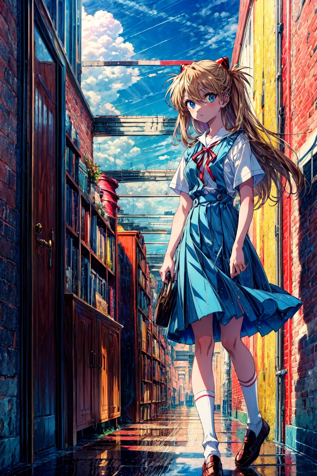 (masterpiece, best quality, detailed), 1girl, solo, indoors, window, blue sky, hallway, souryuu asuka langley, interface headset, suspender skirt, red ribbon, white shirt, school uniform, socks, shoes 