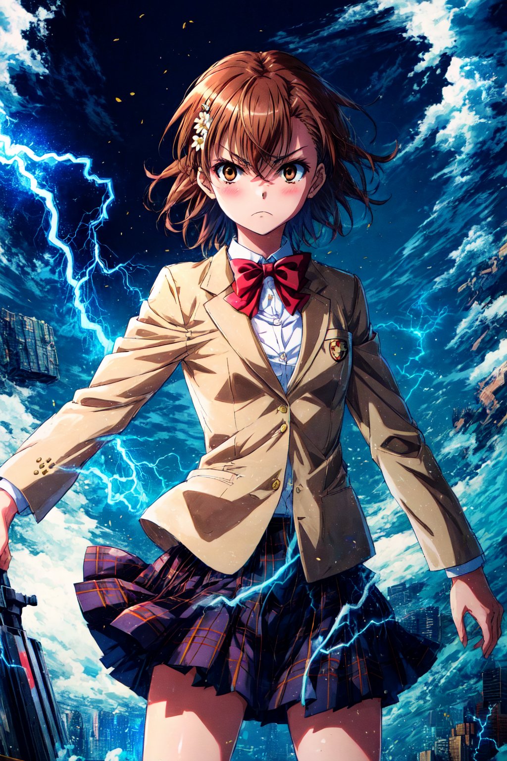 masterpiece, best quality, highres, aamikoto, short hair, hair flower, red bowtie, blazer, brown jacket, long sleeves, plaid skirt, , standing, cowboy shot, frown, (electricity:1.2), floating hair, wind