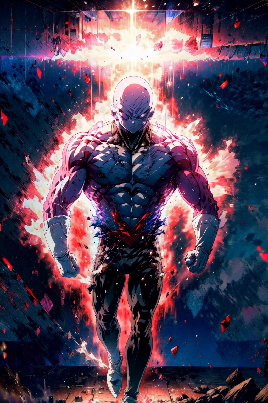 ((masterpiece, best quality)),(complex lighting),solo,1boy, full body, jiren,white gloves,muscular,bald , light particles, dust particles, red aura, torn clothes, topless,