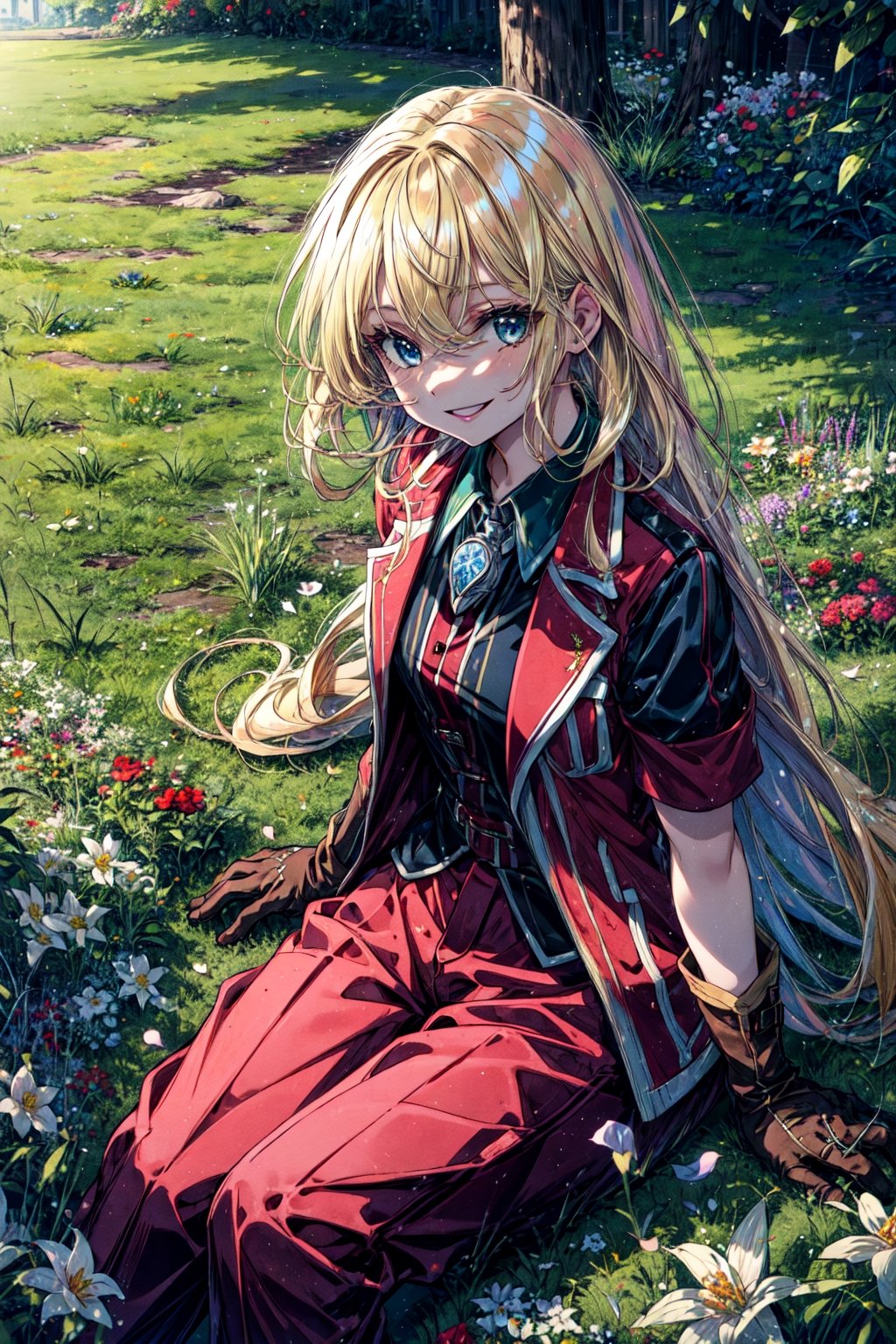 masterpiece, best quality, highres, 1girl very long hair blonde hair curly hair, red jacket whistle short sleeves brown gloves red pants  sitting, on grass, white flowers, smile, hands on own chest