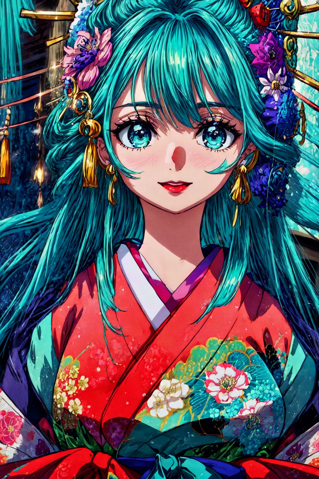 masterpiece, ultra detailed background, delicate pattern, intricate detail, highly detailed, fine details, best quality, studio lighting, front lighting, 4K, 8K, beautiful detailed eyes, glowing eyes, shine eyes, smile, opened lips, aqua hair, aqua eyes, blue eyes, long hair, hair ornament, flower ornament, hair flower, bangs, hair stick, hair rings, Japanese kimono, standing, Japanese temple, outdoor, face to camera, looking at viewer, upper body, , Kozuki Hiyori,