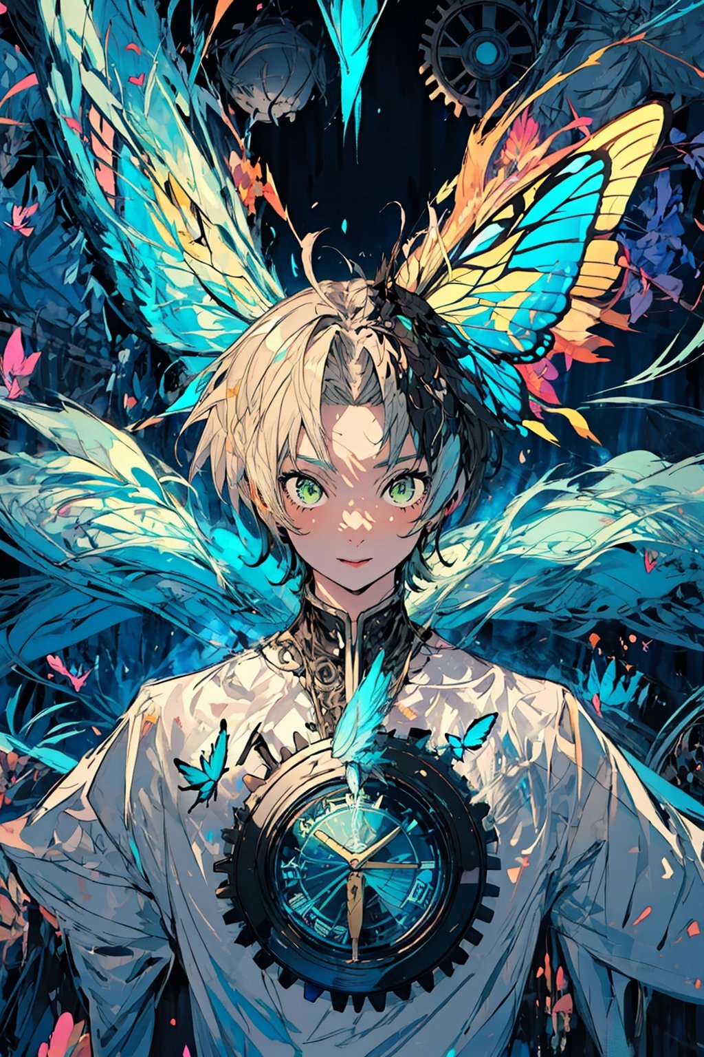 1 boy ,A pixel 90s character with humming birds, extremely detailed, fractal art, colorful,flowers, highest detailed, (dynamic pose), (abstract background), (many colors),feathers,butterfly,gears and clocks for its brain and the background is futuristic,(upper body,) ,rudeus_greyrat