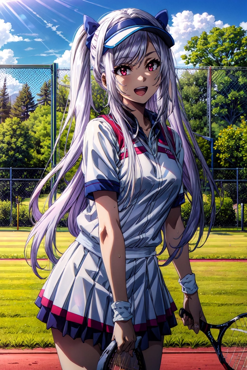 (masterpiece), high quality, highly detailed background, 1girl, nsfw, , ChopioAlexia, long hair, very long hair, white hair, sidelocks, swept bangs, red eyes, looking at viewer:1, twintails, two side up, hair bow, outdoors, sunny, sun beams, tennis court, smile, open mouth, white tennis uniform, standing, miniskirt, (white clothes:1.2), sweatband, sports visor, high ponytail,