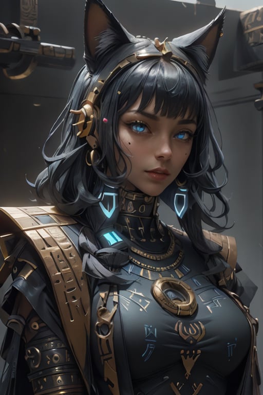 masterpiece, ultra hd, 8k,hdr, dynamic , blue eyes , hyper realistic, detailed background, finely detailed_body, big_boobs , fullbody,1girl, very long hairstyle, (dark blue hair color:1.2), (bright eyes:1.1), | symetrical crown, egyptian, egyptian clothes , egypt godess ,egypt , hecate , fox_ears , seethru , Animal ear, perfecteyes , ,Detailedface,Detailedeyes,mechanical_arms,cybernetic_enhancements,GlowingRunes_yellow,dessert,sand,ActionFigureQuiron style,Cyber_Egypt,Building_Egyptian