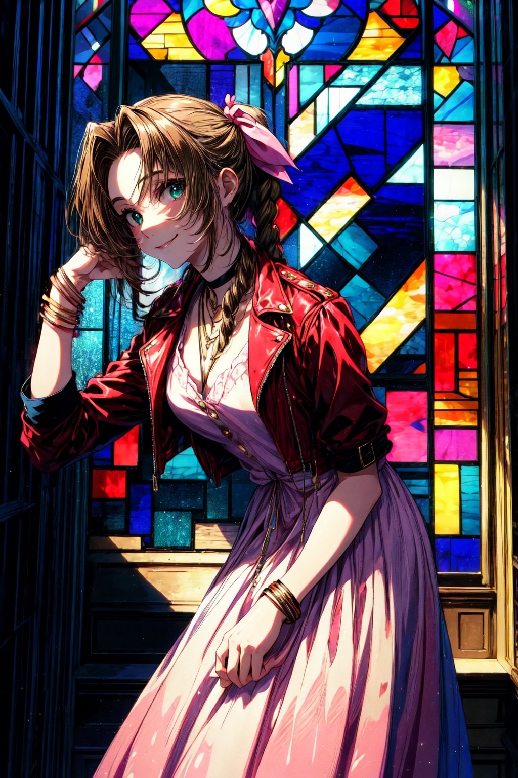 masterpiece, best quality, aerith gainsborough, choker, cropped jacket, hair bow, bracelet, pink dress, looking at viewer, leaning forward, smile, closed mouth, indoors, stained glass window 