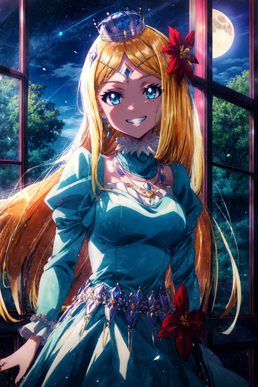 score_9, score_8_up, score_7_up, source_anime, rennertheierechardelonrylevaiself, , renner theiere chardelon ryle vaiself, long hair, blue eyes, blonde hair, hair ornament, very long hair, flower, hair flower, smile, evil smile, evil grin, long sleeves, dress, jewelry, puffy sleeves, necklace, blue dress, crown, princess, frills, indoors, night, night sky, moonlight, moon, curtains, window, looking at viewer, cowboy shot, dutch angle,