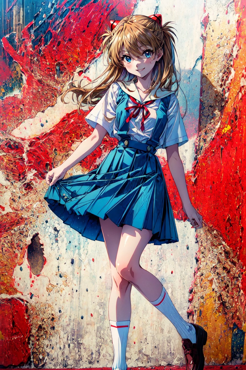 souryuu asuka langley, brown hair, interface headset, suspender skirt, red ribbon, white shirt, school uniform, socks, shoes (best quality, masterpiece, RAW photo,ultra-detailed:1.2), ,1girl,solo,looking at viewer,smile