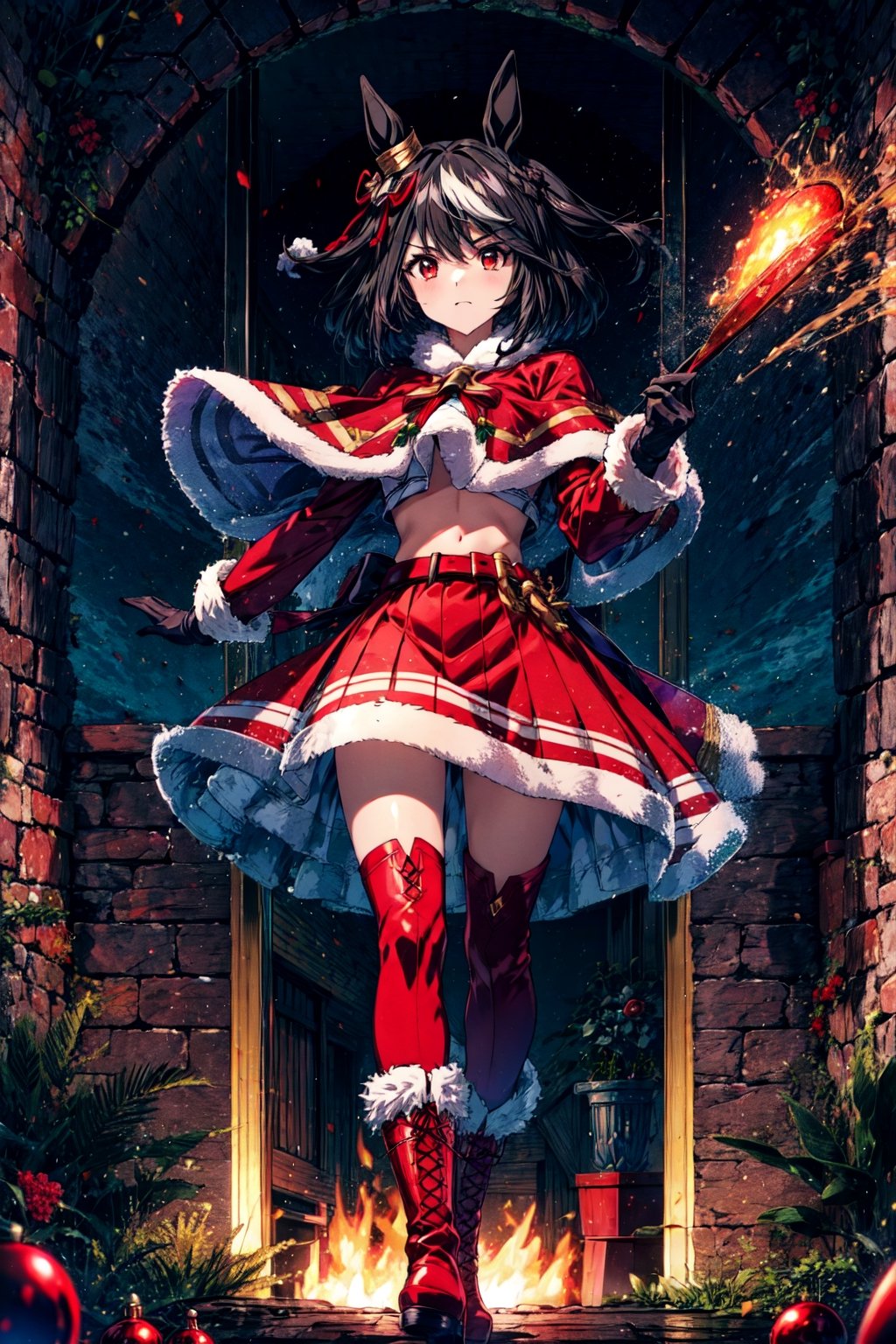 masterpiece, best quality, kitasan black \(umamusume\), santa costume, christmas, hair ornament, red headwear, crop top, red gloves, santa hat, belt, fur trim, red skirt, red capelet, fur-trimmed capelet, holding sack, fur-trimmed gloves, fur-trimmed boots, red footwear,