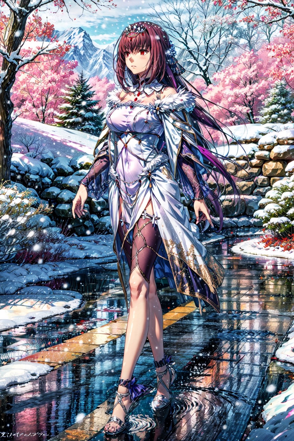 masterpiece,best quality,1girl,mature female,scathach skadi \(fate\),CasterFinalOutfit,C3,serious,light frown,walking,looking to the side,outdoors,(snow),snowing,snowflakes,snowstorm,forest,from side,