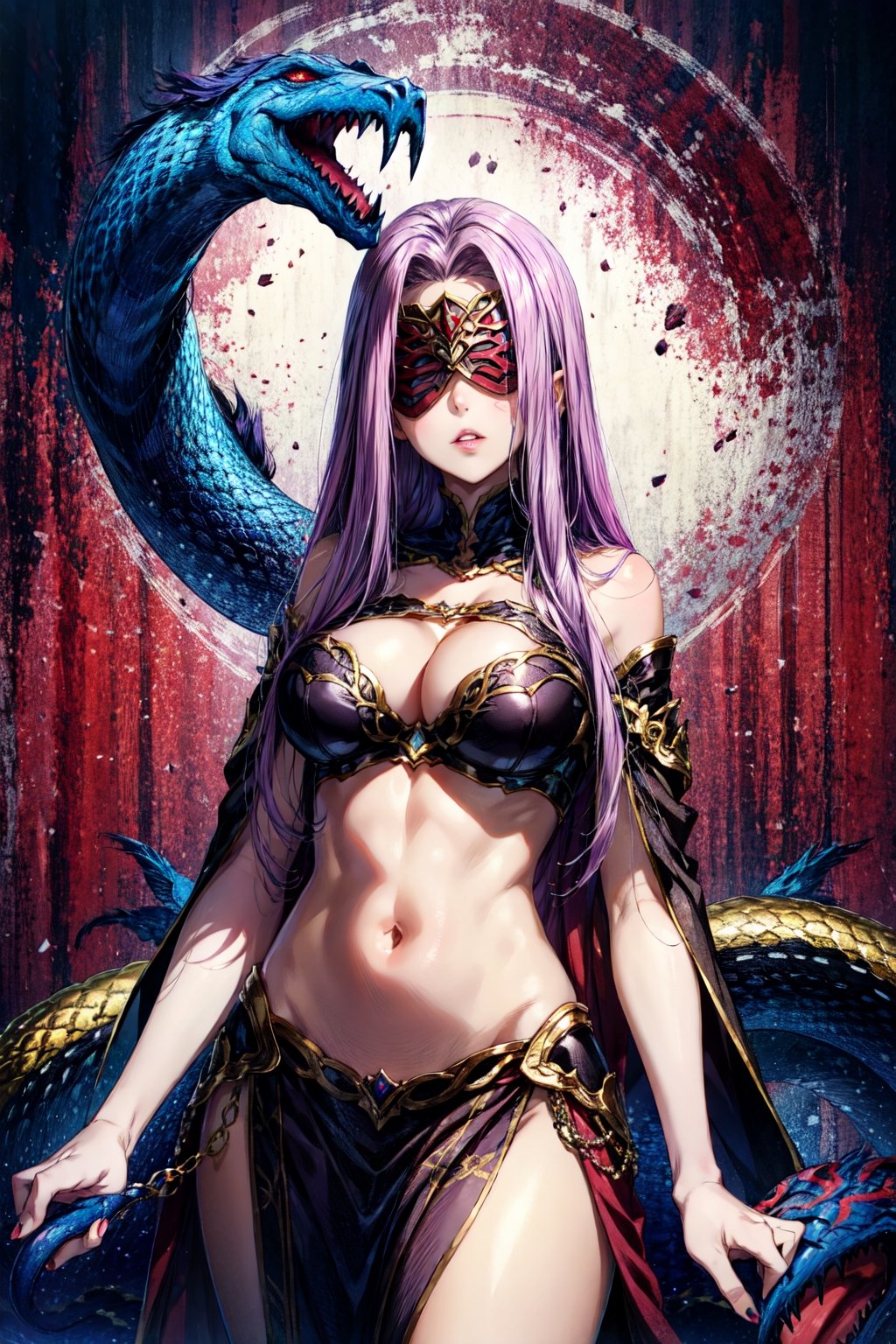 ,MedGorg, 1girl, solo, long hair, large breasts, navel, cleavage, bare shoulders, very long hair, purple hair, thighs, parted lips, lips, fingernails, parted bangs, clothing cutout, mask, cleavage cutout, monster girl, red background, claws, pelvic curtain, snake, blindfold, scales, hip vent, bustier, snake hair,CLOUD