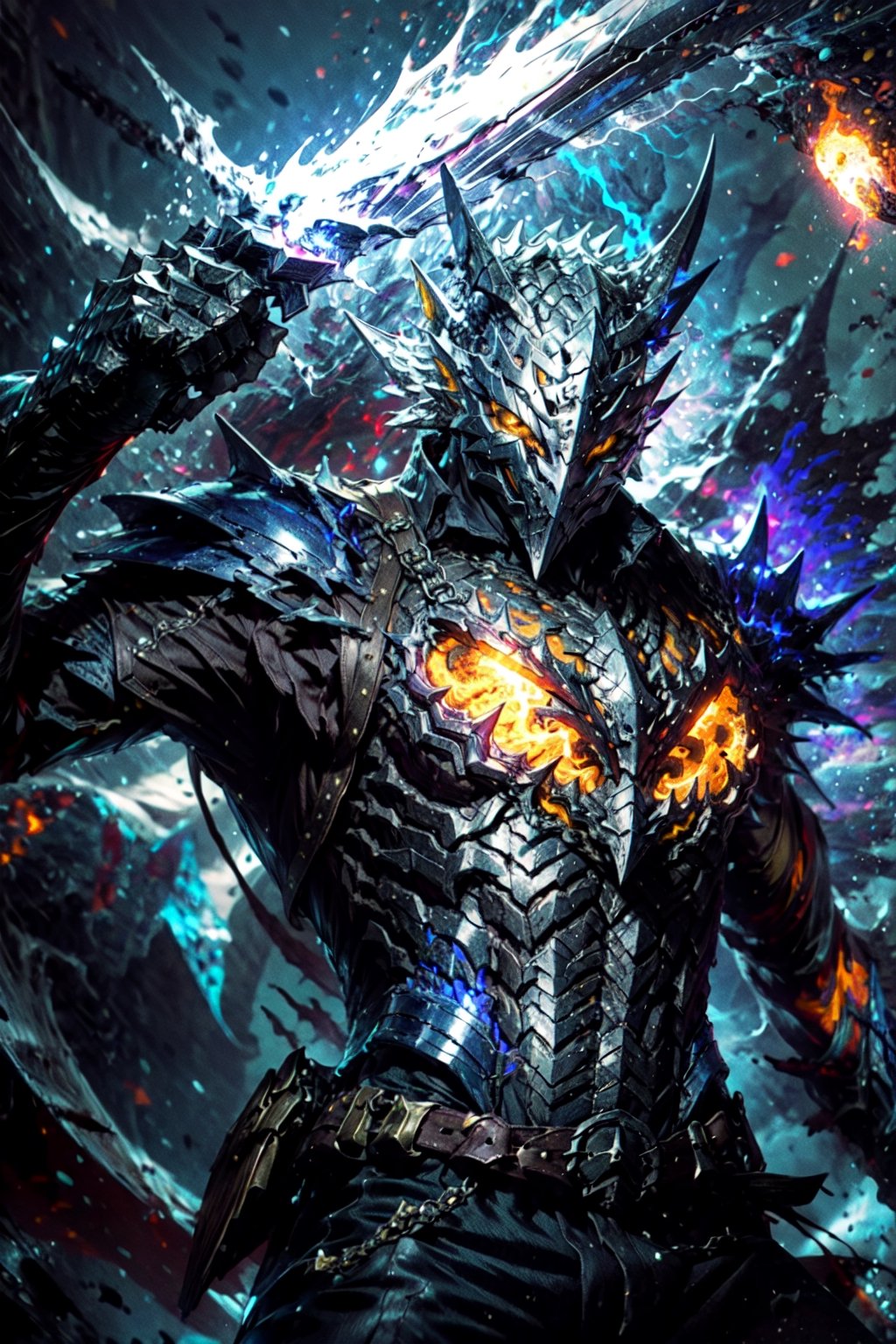 masterpiece,best quality,highres,cinematic lighting,dramatic angle,1boy,dark blue armor,maskedform,helmet,blue fire,holding flaming sword,looking at viewer,,spikes,fangs,glowing yellow eyes,showing strength,ghost,souls,action pose,dynamic pose,dynamic angle,spikes,dark flame,extremeley detailed,grab pose,,weapon over shoulder,