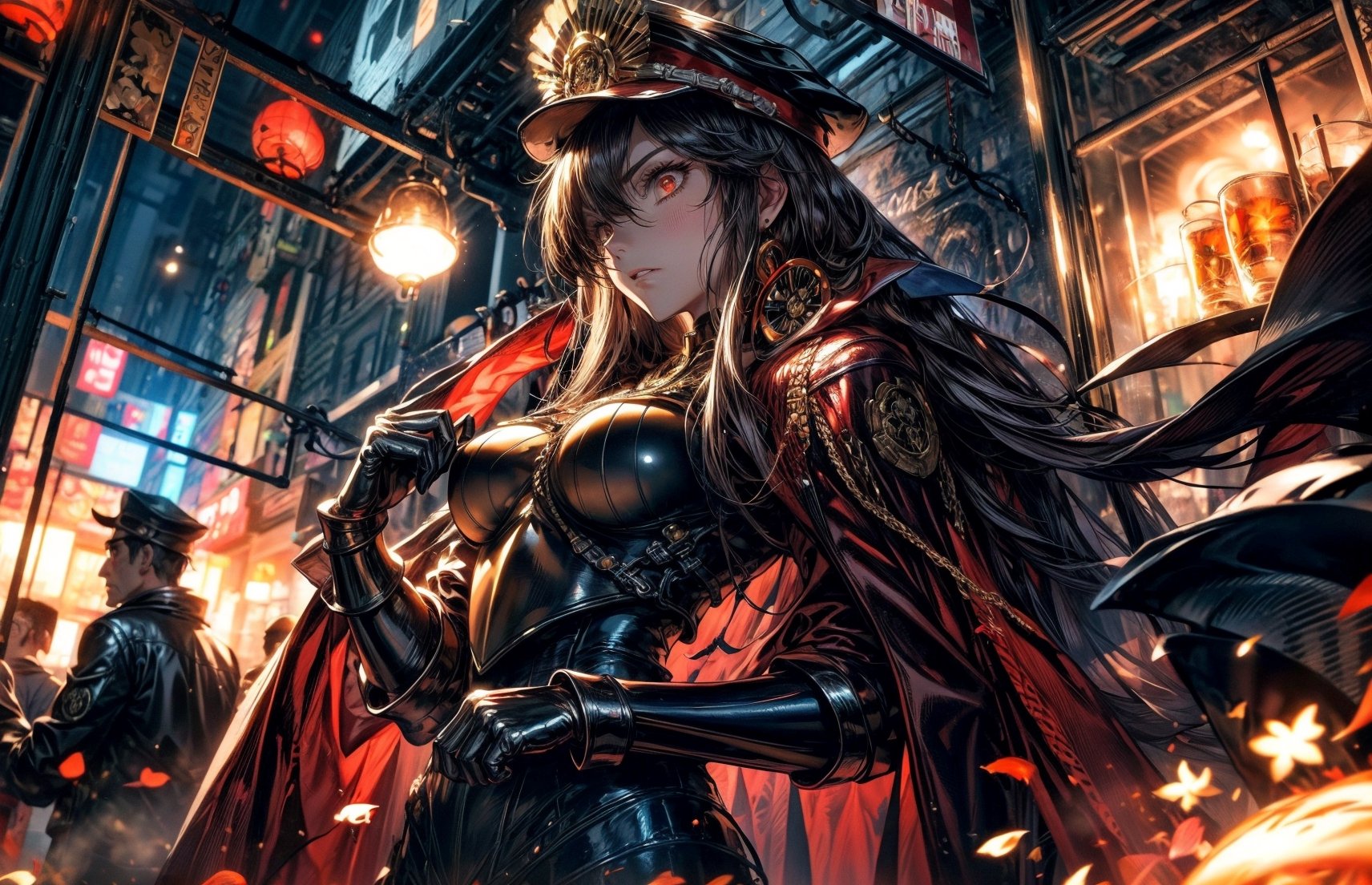 masterpiece, best quality, high resolution, 1girl, solo, MaouNobu, Maou bodyarmor, big breasts, a girl holding a pumpkin in front of a fire, ssr card, goro, full picture, from horror movies, official print, fire poi, holds a small knife in hand, alicization, octoberfest, malevolent expression, anton, 1 9 th,FGO,midjourney