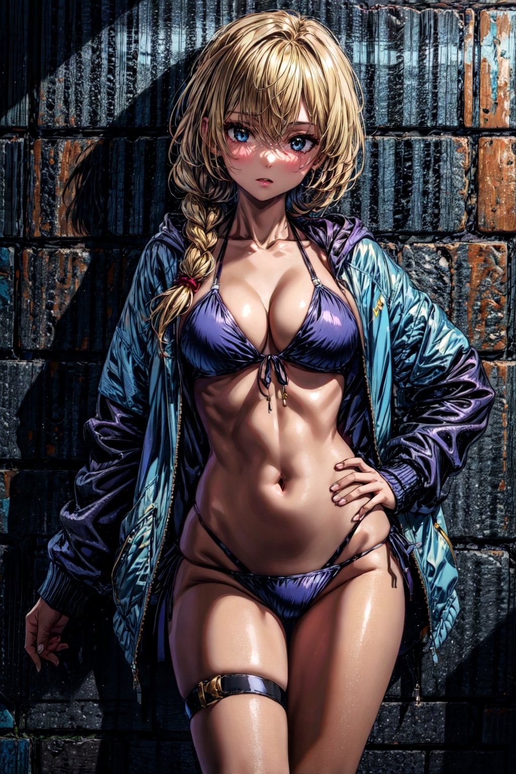 masterpiece, good quality, 1girl, solo,  JeanneArcher1st, single braid, medium hair braid, blonde hair, black bikini, blue jacket, open clothes, hood, front-tie top, front-tie bikini top, hair scrunchie, thigh strap,