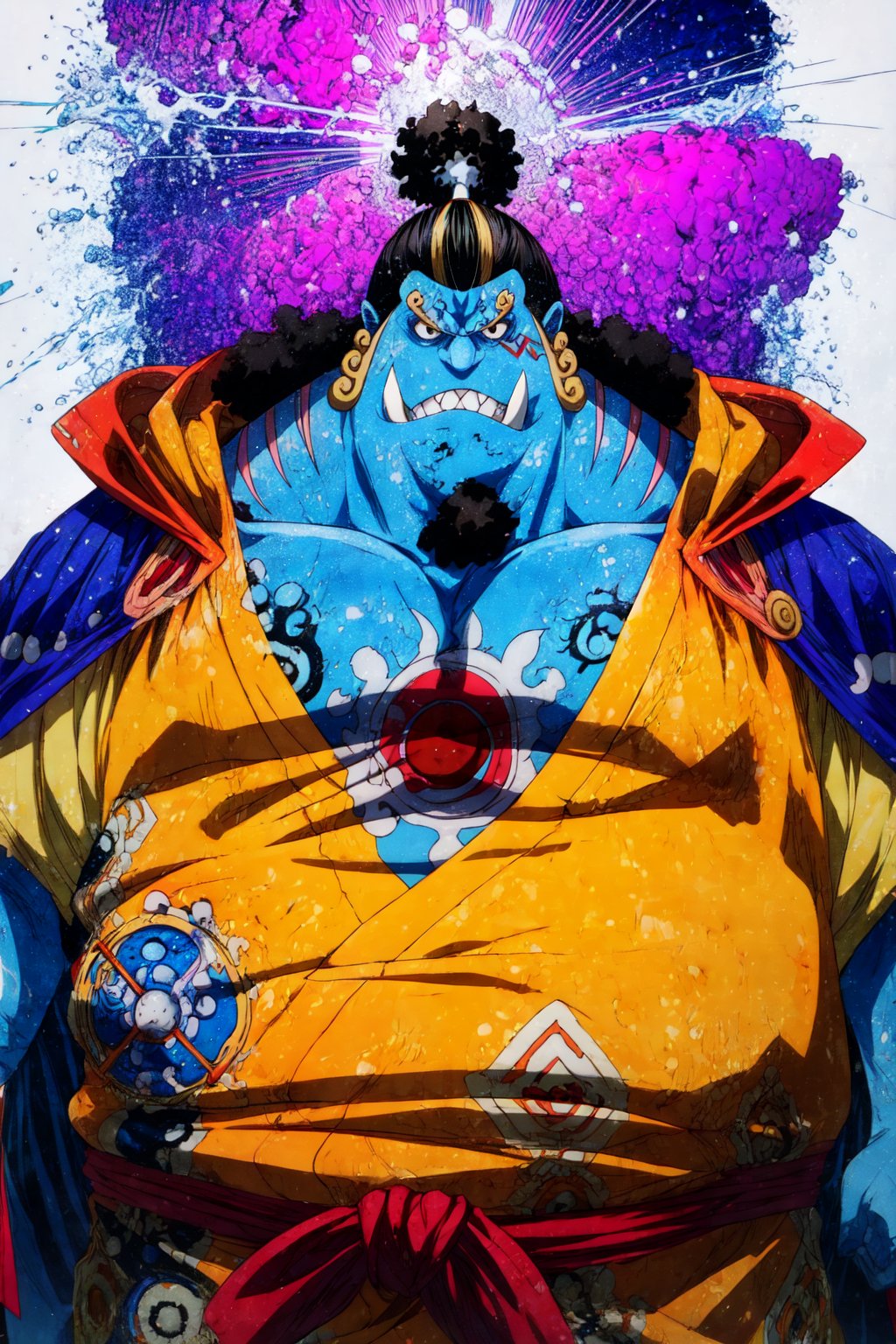 Jinbei, one piece, solo, male, fish, tattoo, scar, scruffy hair, tusks, looking at viewer, looking down, sleeveless kimono, musclegut, large veiny muscles