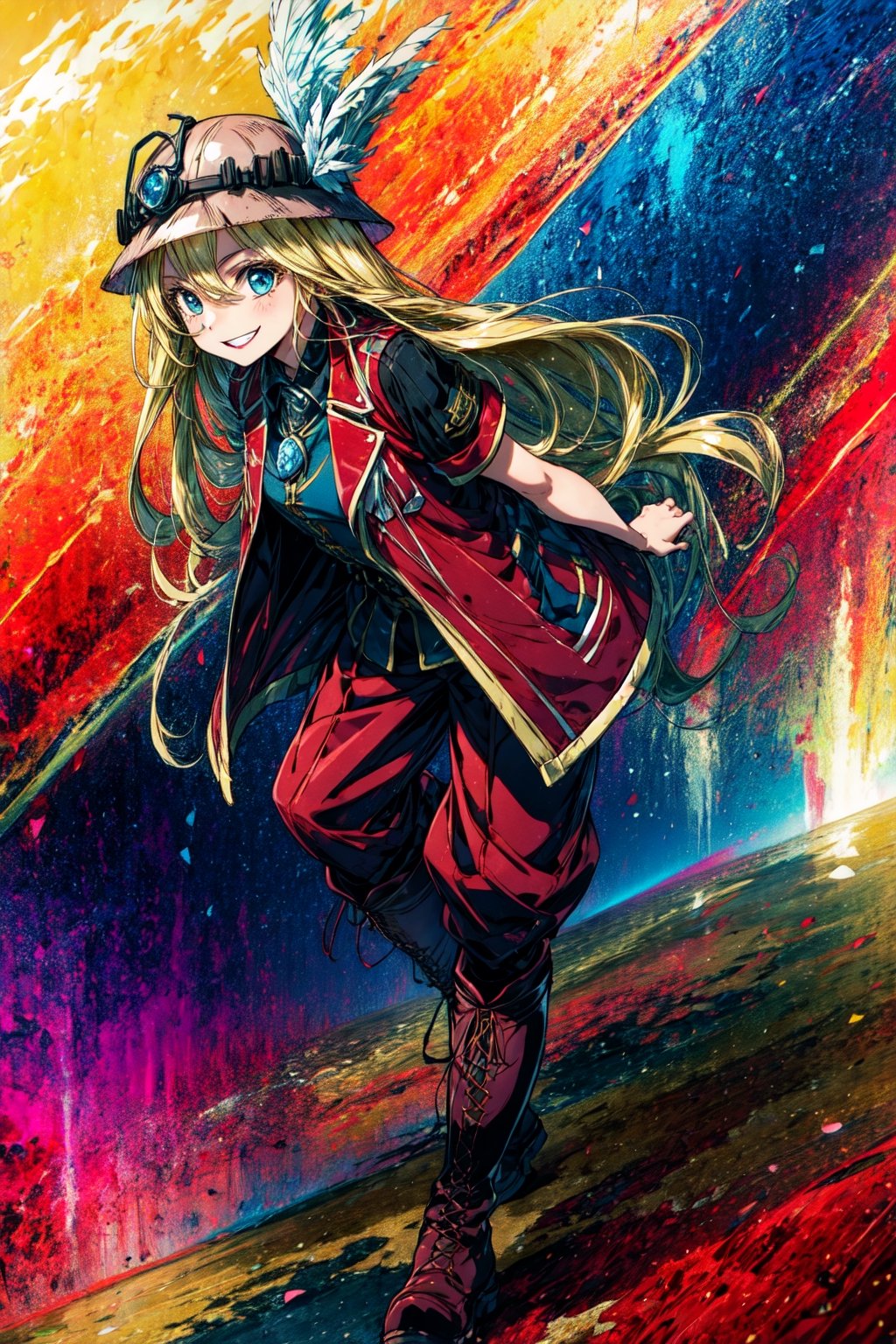 masterpiece, best quality, highres, 1girl very long hair blonde hair curly hair, red jacket helmet whistle short sleeves red pants hat feather boots  leaning forward, smile, arms behind back