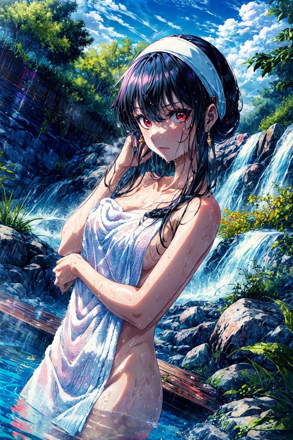 score_9, score_8_up, score_7_up, source_anime,yorbriar, yor briar, black hair, red eyes, earrings, white hairband, hairband, long hair, sidelocks,nude, naked, outdoors, onsen, towel, naked towel, steam, bathing, nude cover, partially submerged, water, bath, steam censor, wet towel,looking at viewer, cowboy shot, dutch angle,