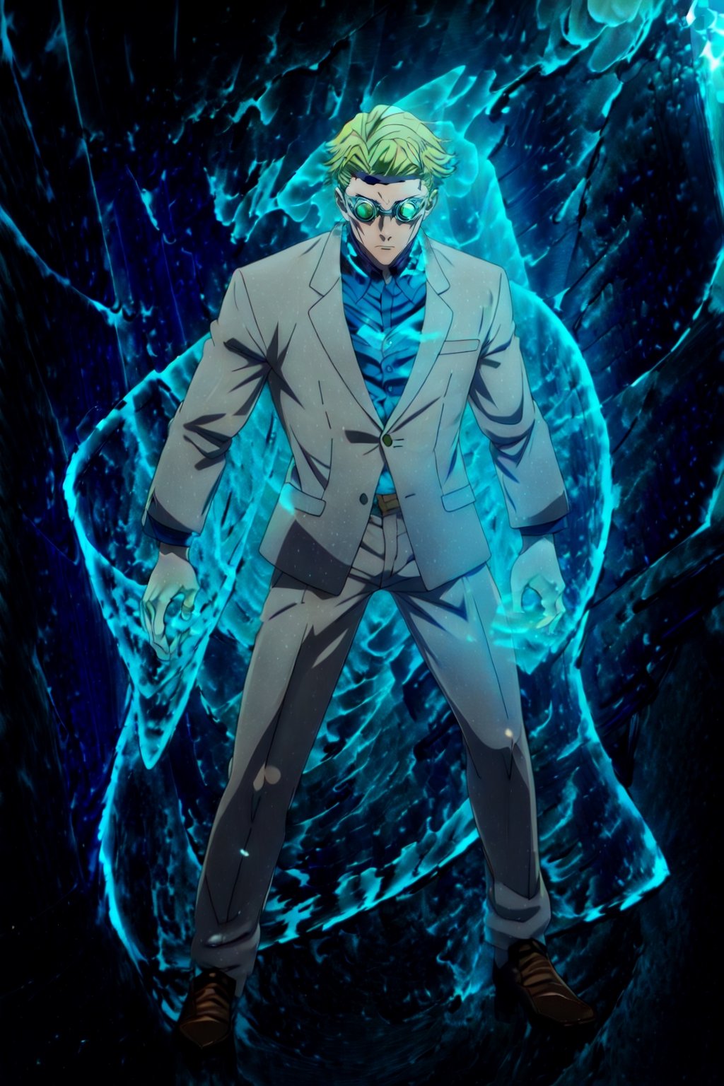 masterpiece,highres,high quality,extremely detailed,solo, , goggles,tinted eyewear, KentoNanami,1man, serious,jacket,formal,suit,collared shirt,blue shirt, full body,fighting_stance,(aura:1.5),aura_power,Ki Charge,CLOUD