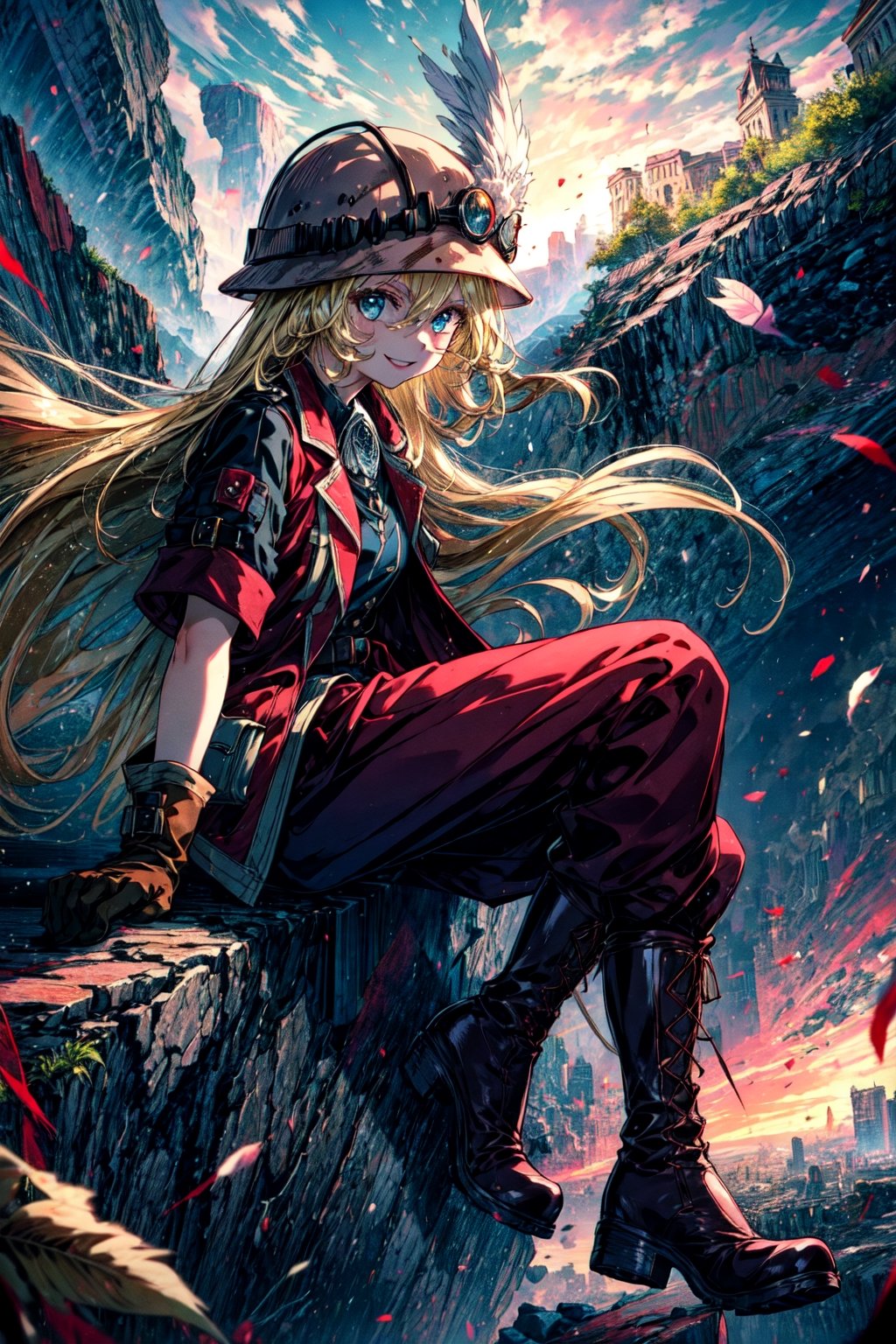 masterpiece, best quality, highres, 1girl very long hair blonde hair curly hair, red jacket helmet whistle short sleeves brown gloves red pants hat feather boots  sitting, floating hair, from side, looking at viewer, cliff, smile