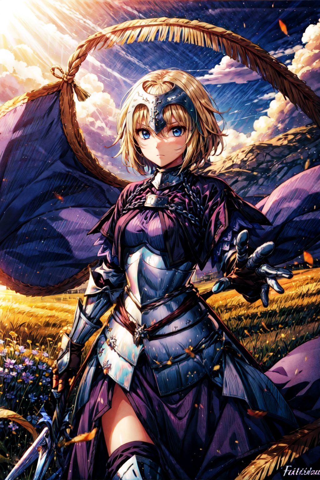 masterpiece, best quality, 1girl, solo, long hair, blonde hair, jeanne d'arc (fate), armor, blue eyes, weapon, sword, armored dress, gauntlets, headpiece, jeanne d'arc (third ascension) (fate),(kbxll:0.6),CLOUD,Circle