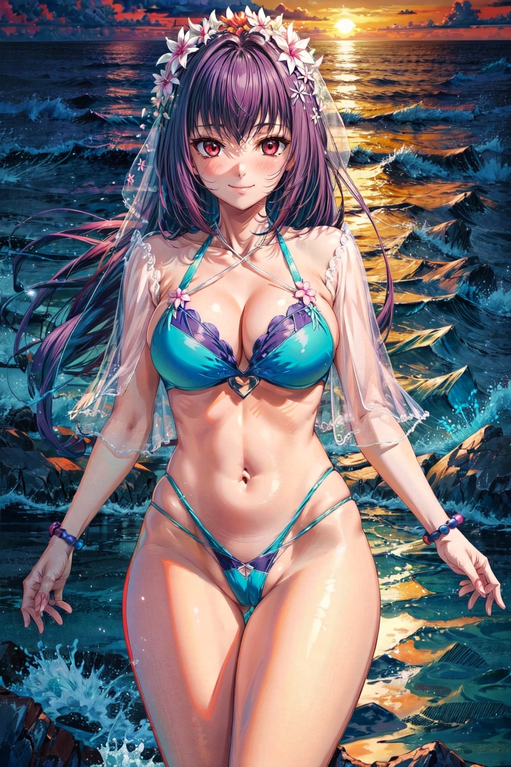 masterpiece, best quality, high resolution, R3, 3rdSwimsuit, 1girl, solo, looking at viewer, collarbone, blush, smile, sky, ocean, ass visible through thighs, outdoors, closed mouth, sunset, navel cutout,