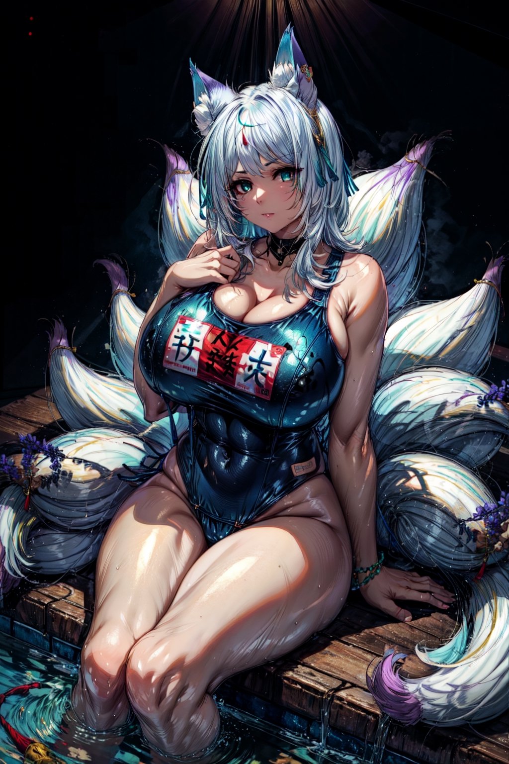 1lady,(mature female),(milf), kitsune,multiple tails,fox ears,white fox tail,aqua eyes,whisker markings, (school swimsuit:1.38), highres,official art,original,masterpiece,best quality, (huge breasts:1.08), face lighting,cinematic lighting,caustics,