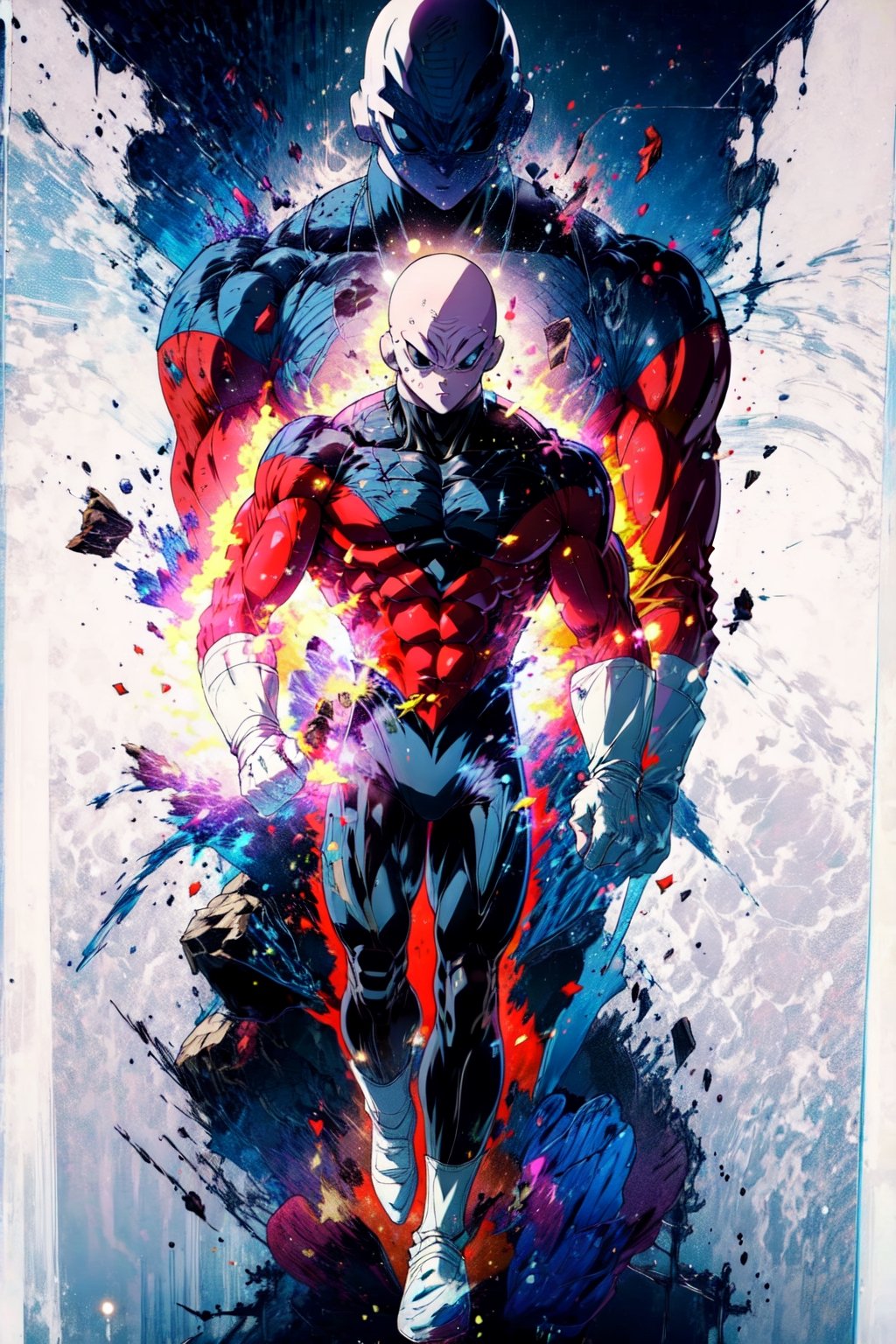 ((masterpiece, best quality)),(complex lighting),solo,1boy, full body, jiren,white gloves,bodysuit,muscular,bald , light particles, dust particles, aura,