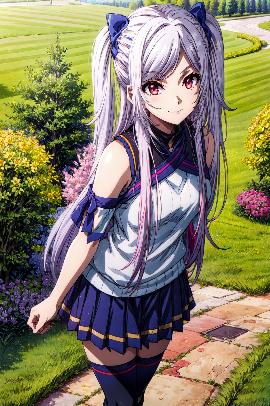 (masterpiece), high quality, highly detailed background, 1girl, solo, , ChopioAlexia, long hair, white hair, sidelocks, swept bangs, red eyes, looking at viewer, twintails, two side up, hair bow, outfit_3, turtleneck sweater, pink sweater, bare shoulders, sleeves, shoulder cutout, black undershirt, white skirt, frilled skirt, black thighhighs, outdoors, garden, stone path, grass, fence, sun, sunny, sun sparkles, sun beams, standing, seductive smile, cute pose,