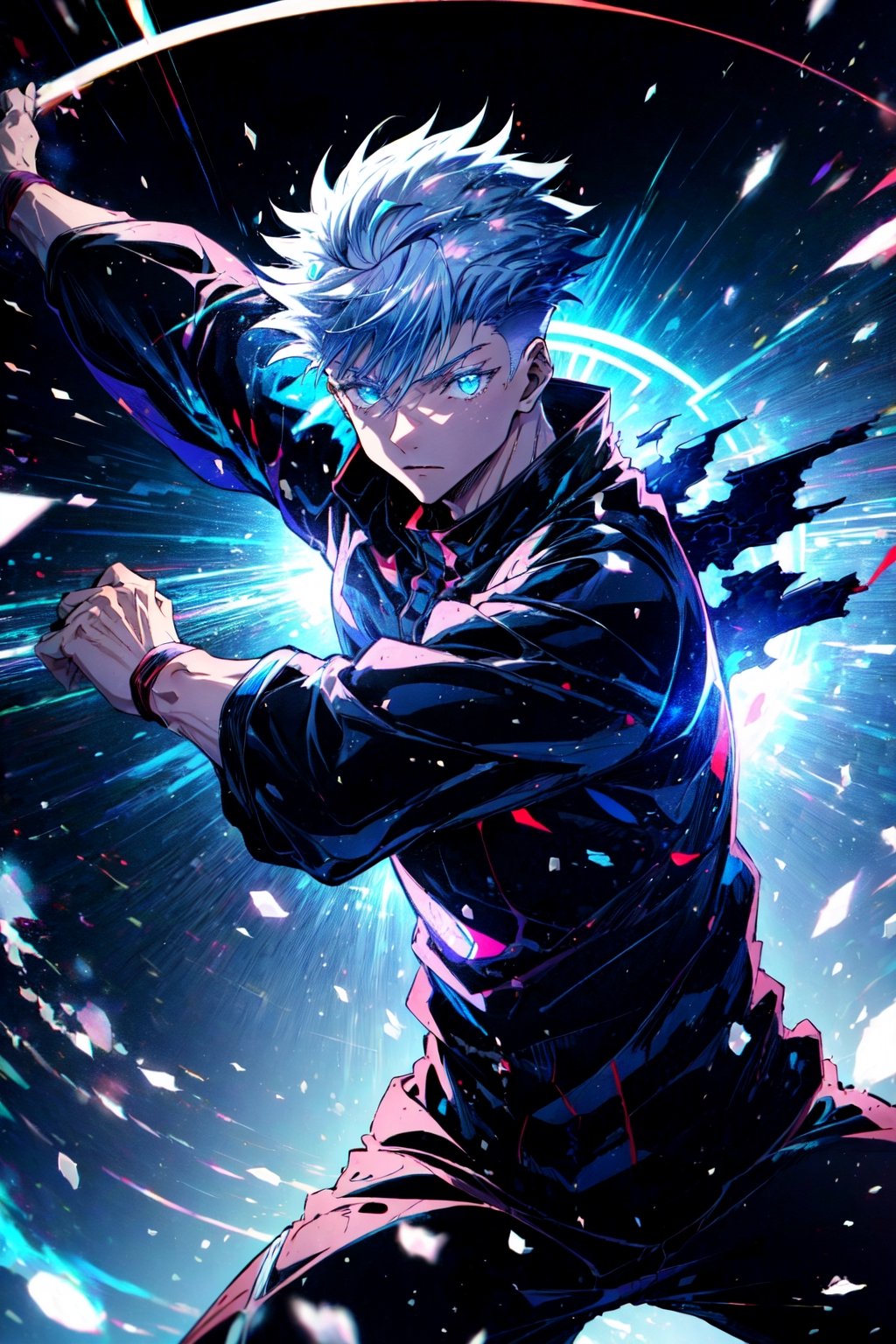 (masterpiece,best quality), 1boy, muscular,fighting stance,mecha, Jujutsu Kaisen , (action shot, speed lines,glowing circle,glowing lines,illustration,) satoru gojo,white hair,short hair,hair between eyes,blue eyes,colored eyelashes,