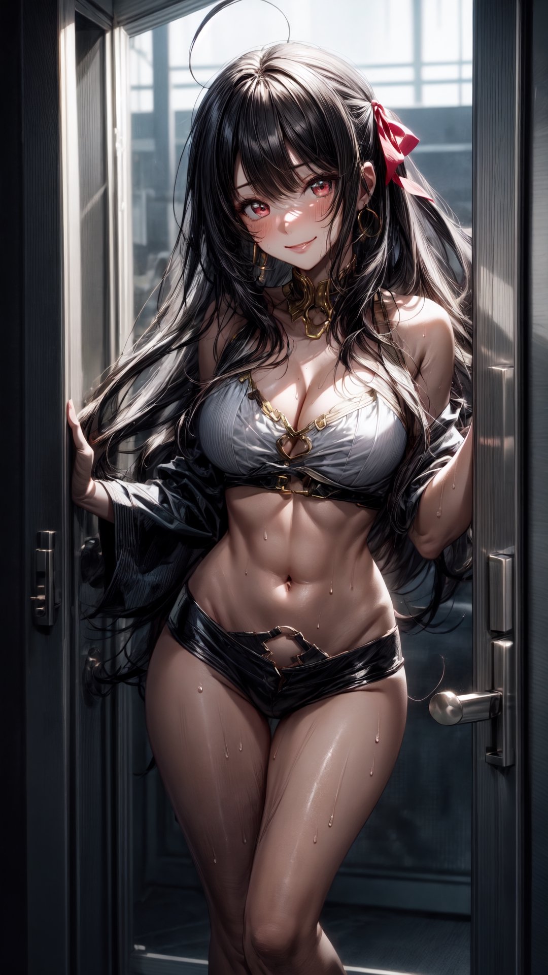 (masterpiece), high quality, detailed background, 1girl, solo,, ChopioIshtar, black hair, hair ribbon, parted bangs, ahoge, red eyes, looking at viewer, navel, midriff,mature female, medium breasts,door frame, seductive smile, medium breasts, mature female, seductive pose,(view from front:1), , , white shirt, bottomless, partially unbuttoned, cleavage, sweat, sweaty, ,fate/stay background