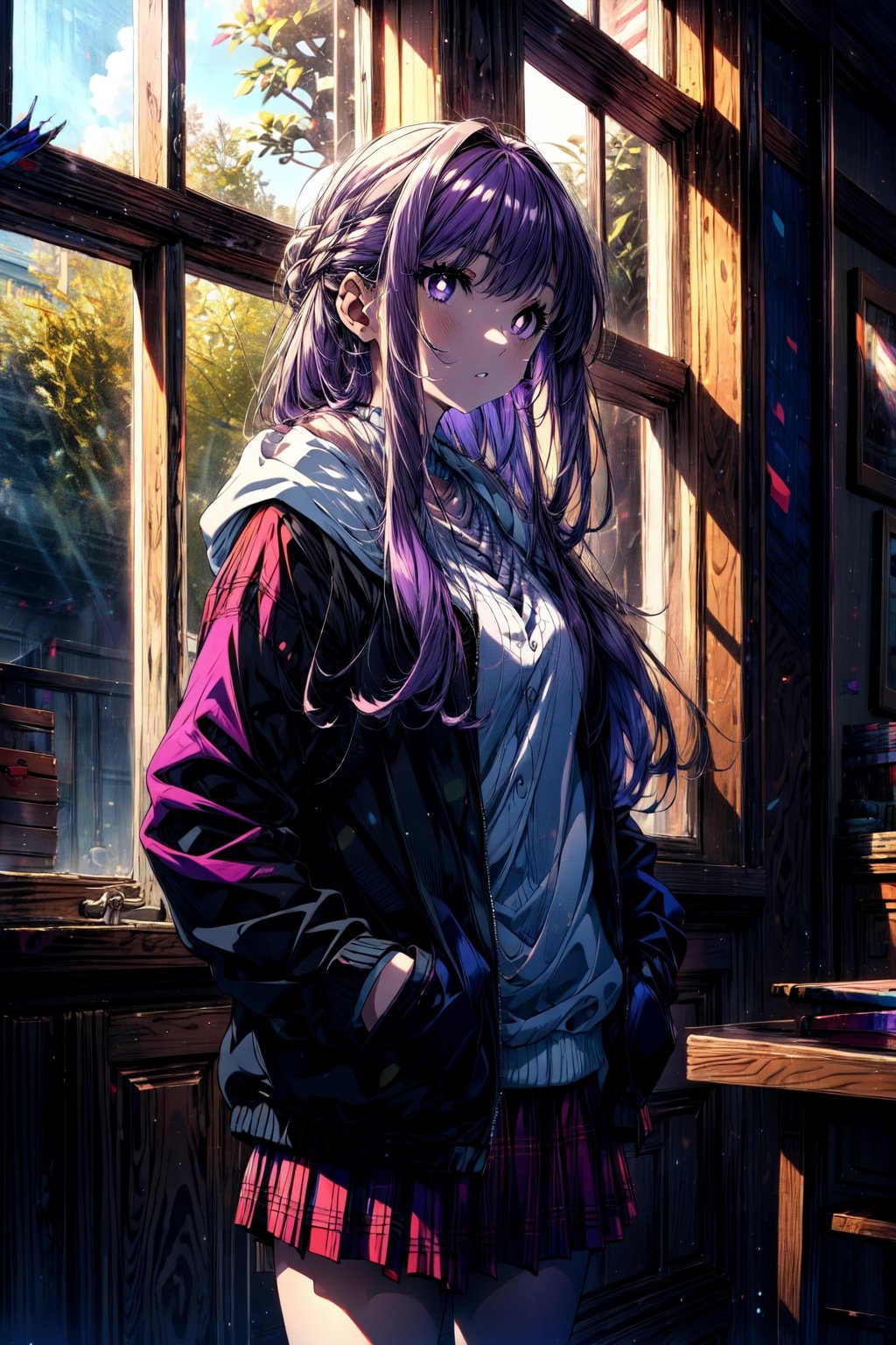 masterpiece, best quality, absurdres, perfect anatomy, 1girl, solo, FernFrieren, very long hair, purple eyes, (purple pupils), indoors, plaid skirt, hoodie, hands in pockets,