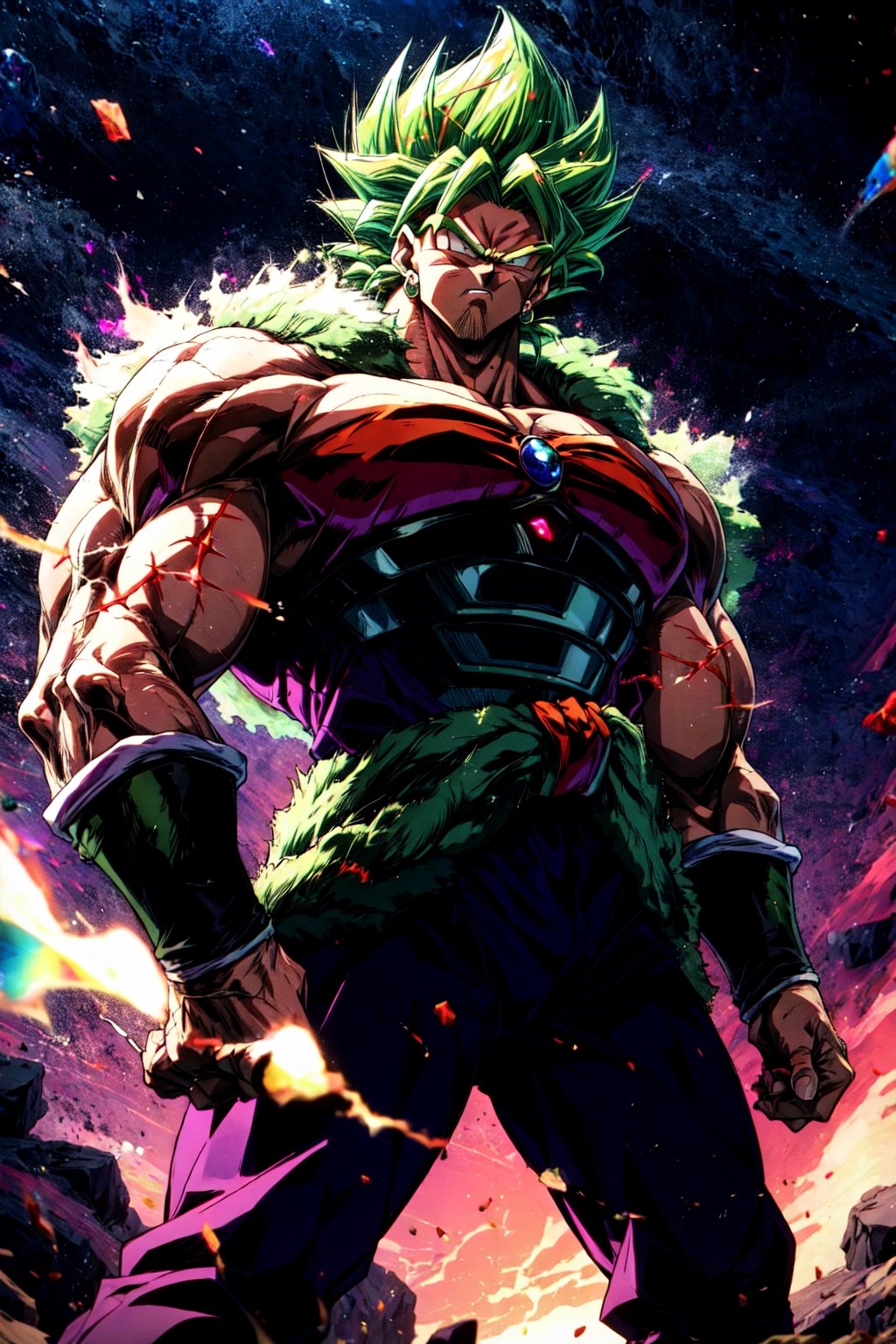 broly, legendary super saiyan, green hair, spiky hair, white eyes, muscular, tall, face scar, left arm scar, bicep scar, green fur pelt draped around the waist, black bracelets, tight purple pants