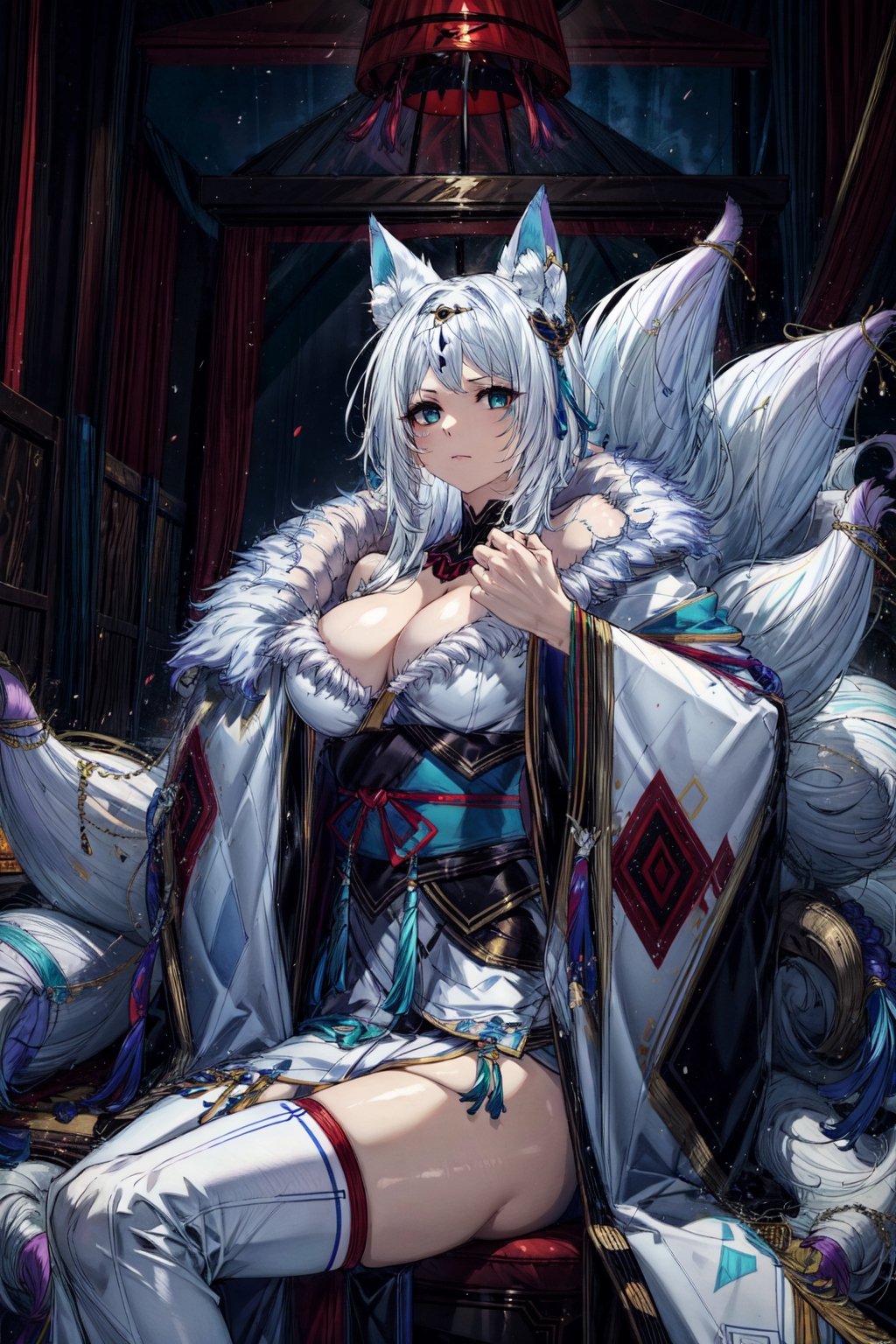 1lady,(mature female),(milf), kitsune,multiple tails,fox ears,white fox tail,aqua eyes,whisker markings, hair ribbon,blue tassel,jewelry,hair ornament, blue obi,(white wide sleeves),black thighhighs,folding fan,(fur-trimmed white kimono),holding fan, tengu-geta,geta, highres,official art,original,masterpiece,best quality, (huge breasts:1.08), face lighting,cinematic lighting,caustics