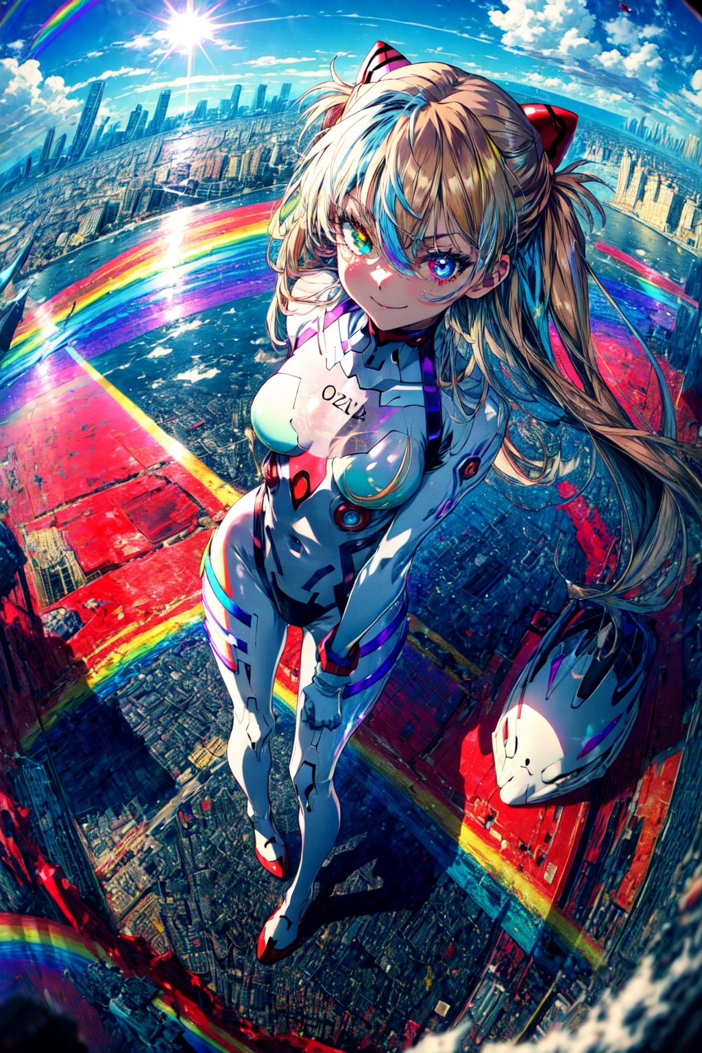 (masterpiece, best quality, detailed), 1girl, solo, from above, evil smile, full body, legs apart,  fisheye, outdoors, souryuu asuka langley, interface headset, heterochromia, rainbow order, white bodysuit