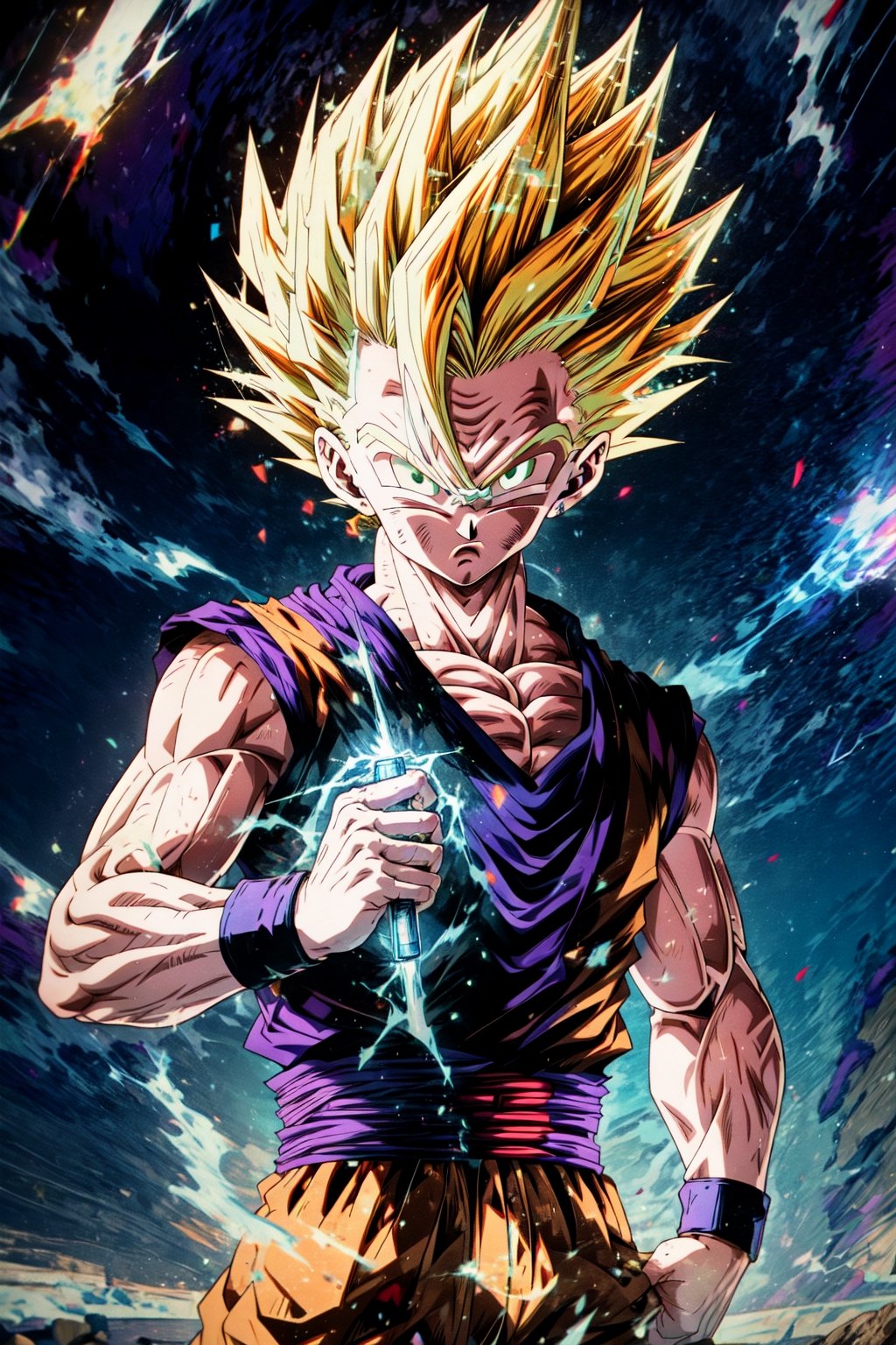 (ssj2), 1boy, yellow hair, green eyes,cowboy shot,yellow aura, electricity,naked purple dougi, purple pants, (blue wristband), red sash, sleeveless,v-neck,looking at viewer,(best quality, masterpiece),Ki Charge,midjourney