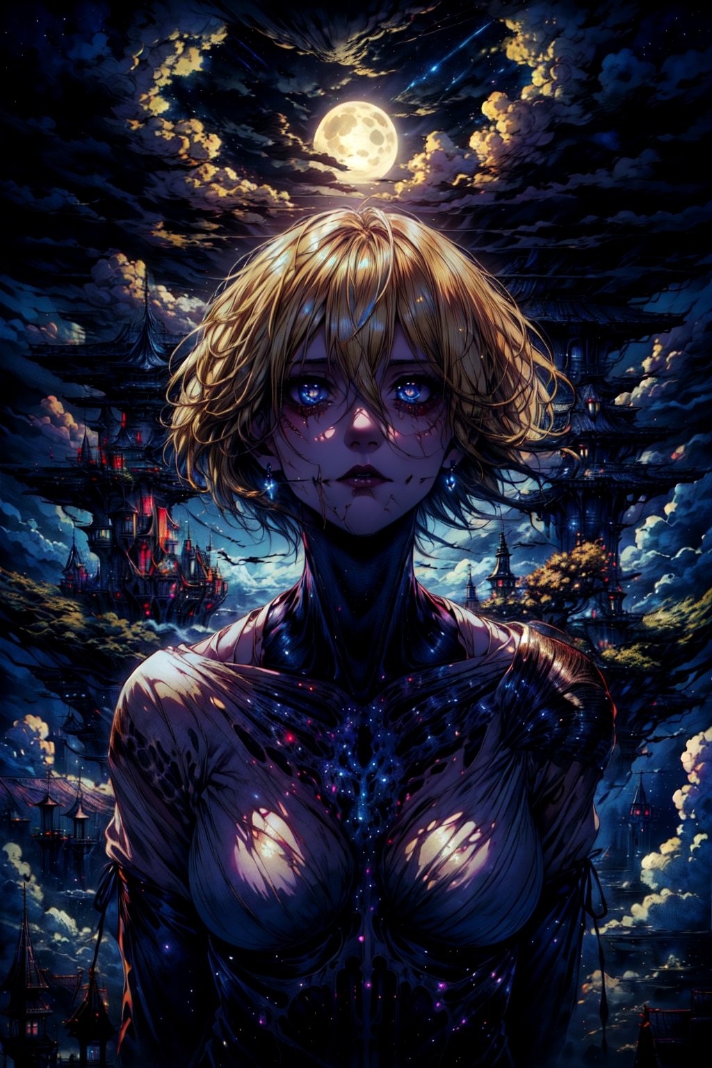 ((best quality)), ((masterpiece)), (detailed), female titan, blonde hair, short hair, blue eyes, horror beauty, perched on a cloud, (fantasy illustration:1.3), enchanting gaze, captivating pose, delicate scars, otherworldly charm, mystical sky, (Luis Royo:1.2), (Yoshitaka Amano:1.1), moonlit night, soft colors, (detailed cloudscape:1.3), (high-resolution:1.2)