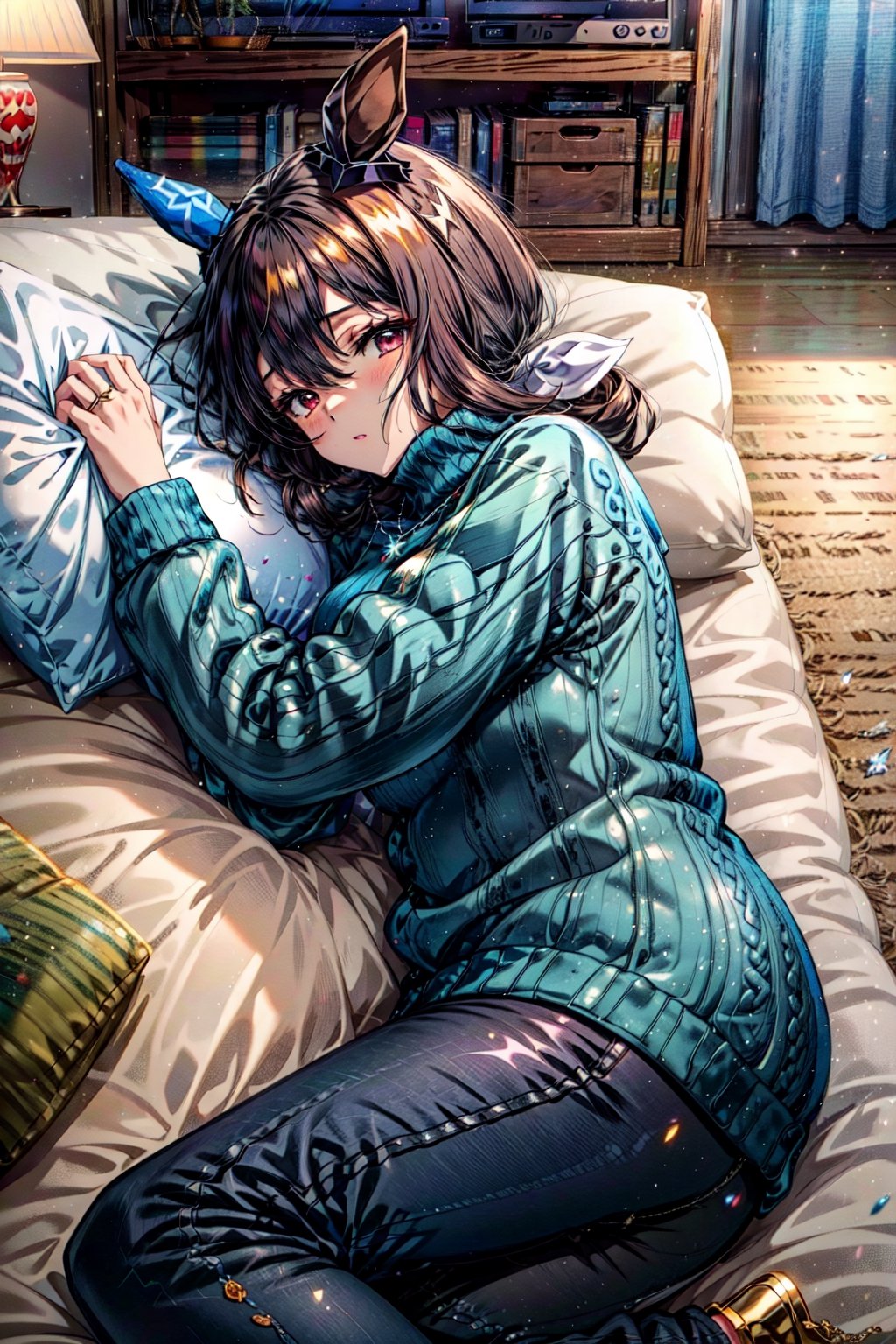 masterpiece, best quality, admire vega \(umamusume\), indoor, object hug, pillow, bed sheet, lying, sleeping, on side, pants, long sleeves, blue sweater, turtleneck sweater, ribbed sweater, jeans, jewelry, casual, necklace,