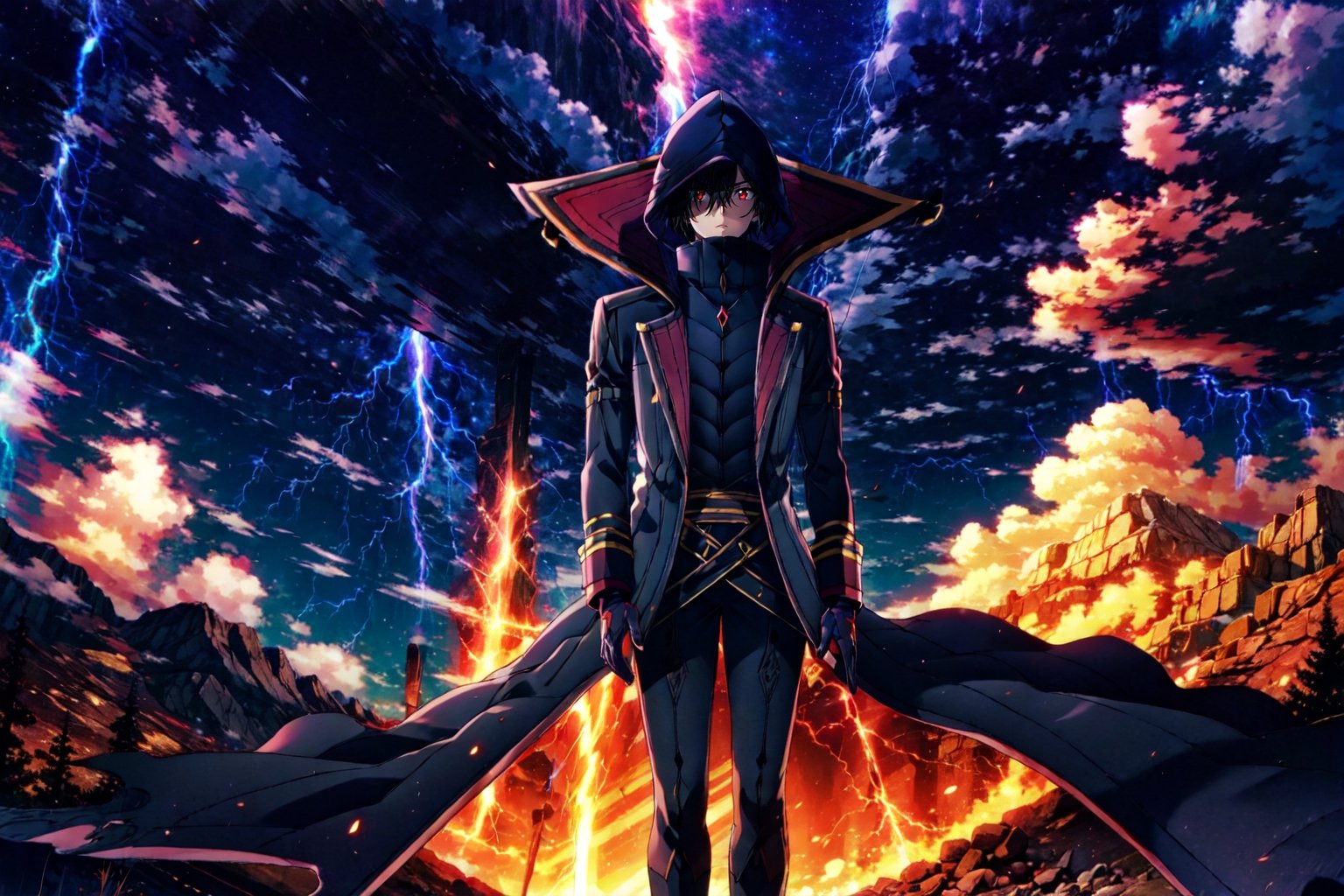 (masterpiece), high quality, highly detailed background, 1boy, solo, , ChopioKagenou, short hair, black hair, hair between eyes, hooded cloak, black coat, trench coat, black gloves, black pants, red eyes, glowing eyes, looking at viewer, mountain, standing on mountain, lightning, from below, night, night sky, storm,CLOUD