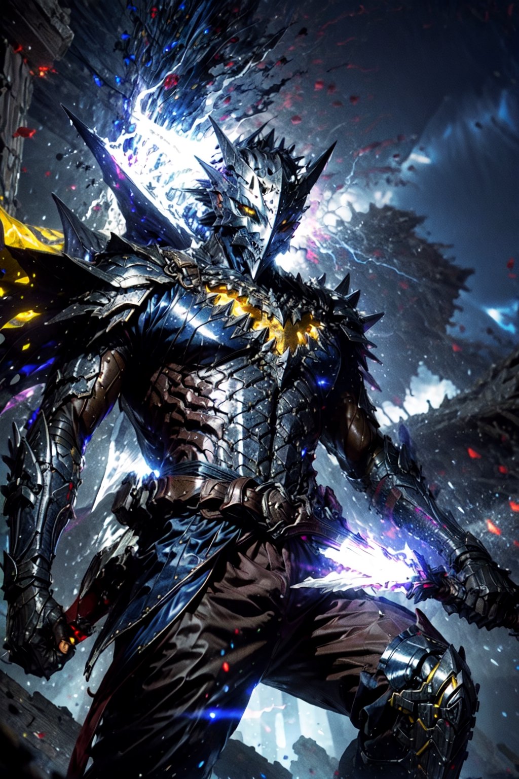 masterpiece,best quality,highres,cinematic lighting,dramatic angle,1boy,dark blue armor,maskedform,helmet,blue fire,holding flaming sword,looking at viewer,,spikes,fangs,glowing yellow eyes,showing strength,ghost,souls,action pose,dynamic pose,dynamic angle,spikes,dark flame,extremeley detailed,grab pose,,over shoulder