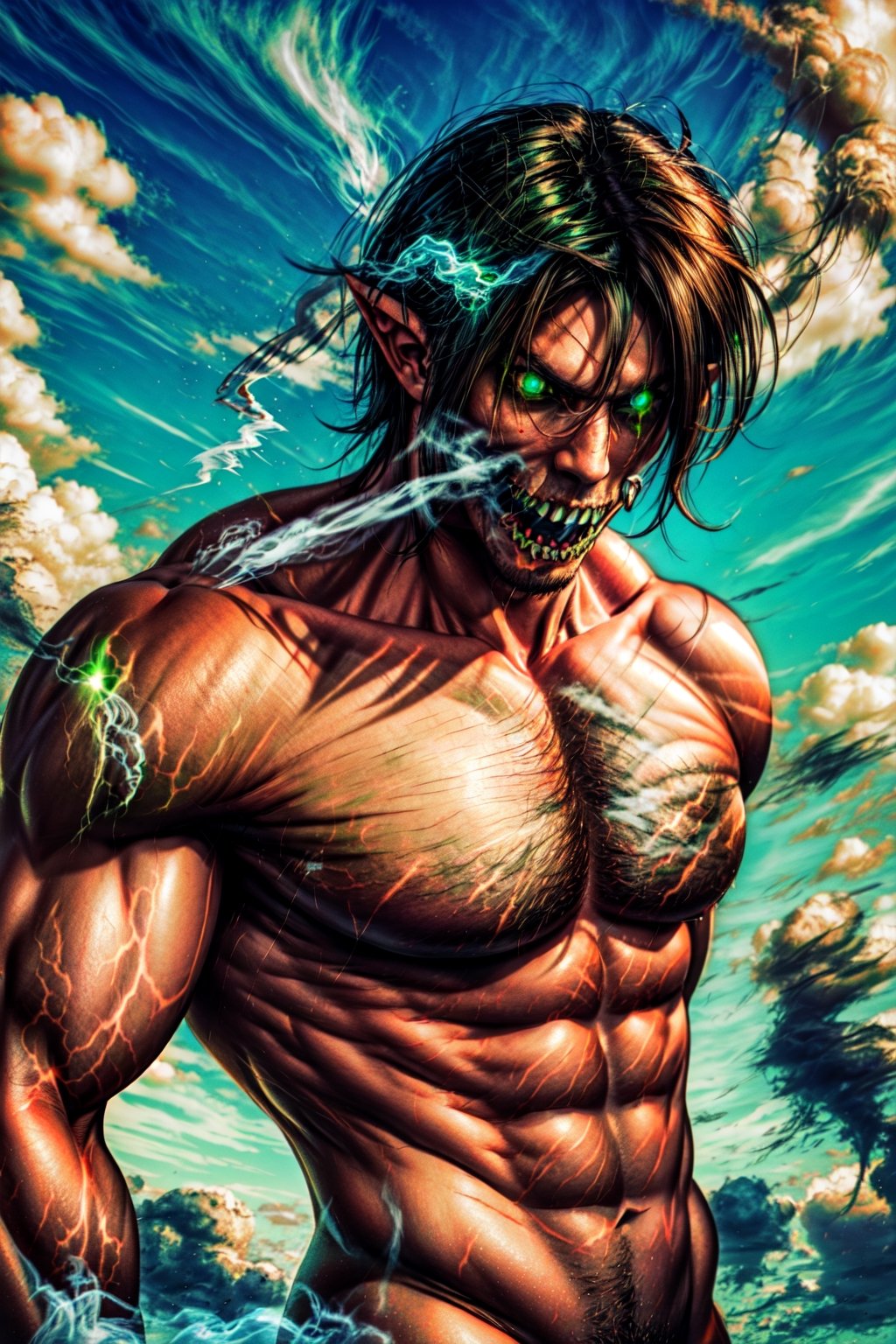  cloud, smoke,  Attack_titan, teeth, black hair, green eyes, glowing eyes, pointy ears, glowing, muscular, sharp teeth, brown hair, abs, giant, smoke,CLOUD