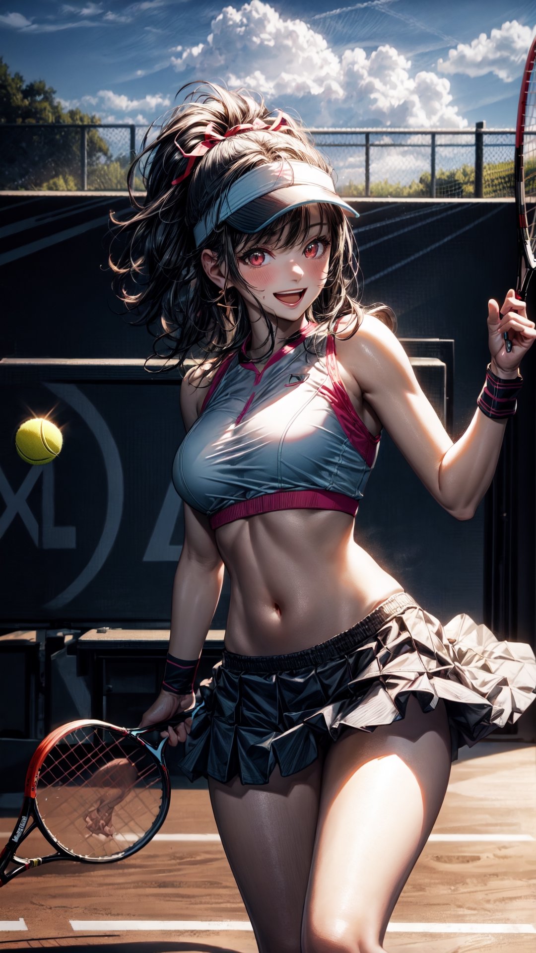 (masterpiece), high quality, detailed background, 1girl, solo, nsfw,, ChopioIshtar, black hair, hair ribbon, parted bangs, ahoge, red eyes, looking at viewer, navel, midriff,mature female, medium breasts,outdoors, sunny, sun beams, tennis court, smile, open mouth,white tennis uniform, standing, miniskirt, (white clothes:1.2), sweatband, sports visor, high ponytail,