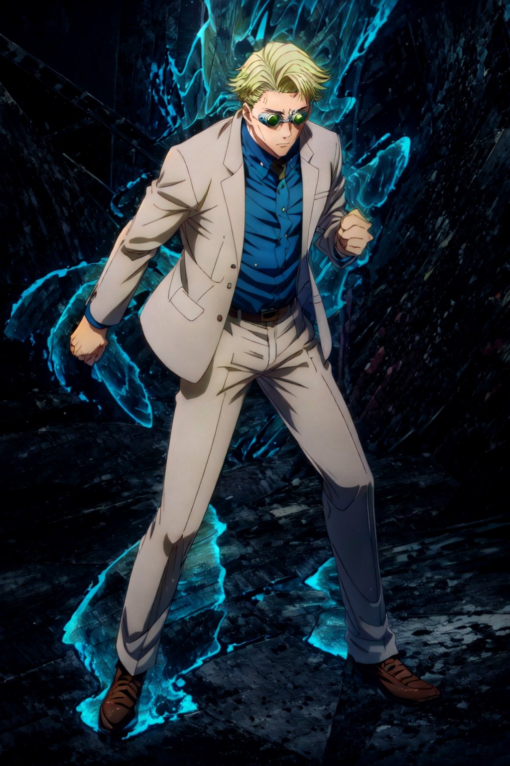 masterpiece,highres,high quality,extremely detailed,solo, , goggles,tinted eyewear, KentoNanami,1man, serious,jacket,formal,suit,collared shirt,blue shirt, full body,fighting_stance,aura,