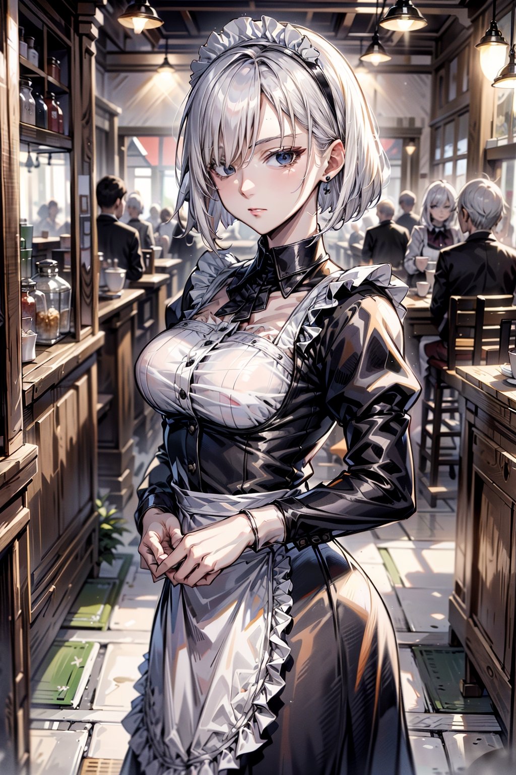 masterpiece, best quality, highres, fiona1, spy x family, hair_over_one_eye, solo, earring, breasts, , expressionless, cowboy shot, maid, maid headdress, own hands together, cafe,maid