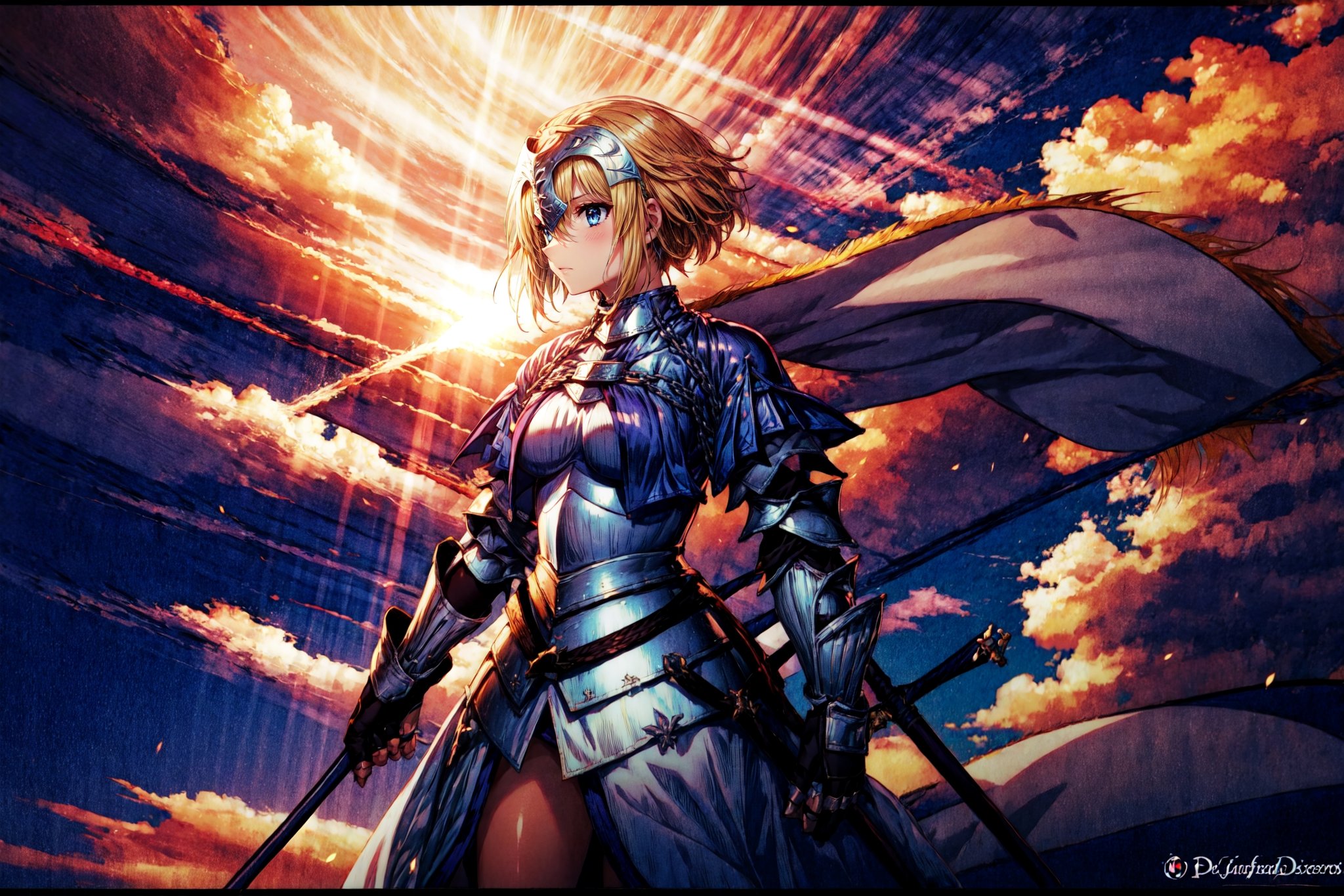 masterpiece, best quality,1girl,,solo, long hair, blonde hair, jeanne d'arc (fate), armor, blue eyes, weapon, sword, armored dress, gauntlets, headpiece, jeanne d'arc (third ascension) (fate),(kbxll:1), , front view,CLOUD