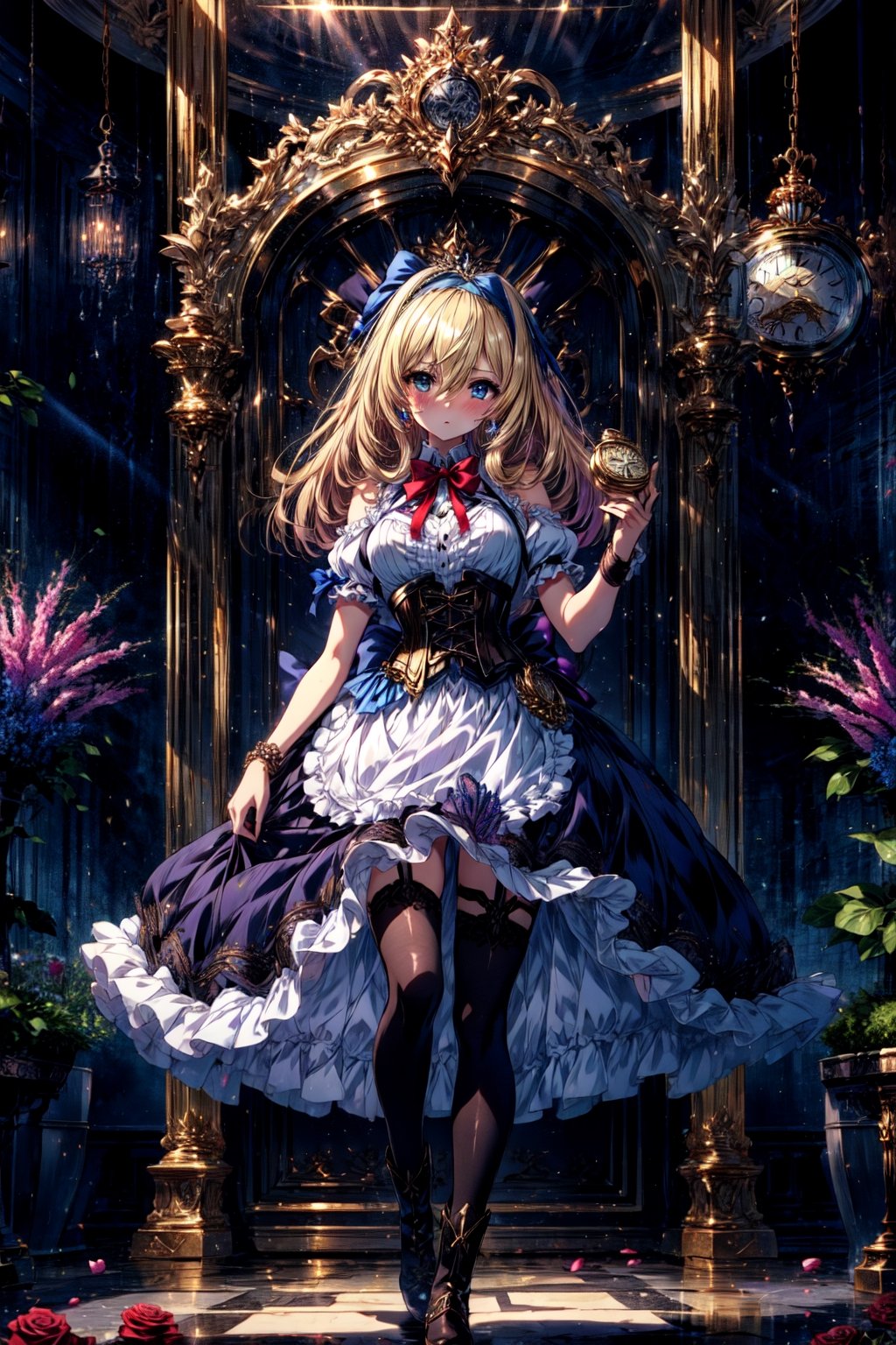 (cygames, official art, shadowverse, shingeki no bahamut ), a beautiful masterpiece portrait of a blonde girl in a blue dress, standing, full body, (she has a large pocket watch pendant watch clock hanging loosely off her shoulder like a pendant), absurdres, highres, (high quality, beautiful, detailed, intricately detailed, ), nose blush, 1girl, frills, looking at viewer, blush, eyebrows visible through hair, breasts, small breasts, solo focus, shadow, hair between eyes, boots, (1girl, blonde hair, blue eyes, dress, long hair, flower, (pocket watch, pendant watch), (blue dress:1.2), rose, apron, hairband, blue hairband, bow hairband, bowtie, bow, petticoat, ((blue corset)), ribbon, frills, wrist cuffs, pink rose, outdoors, puffy sleeves, short sleeves, juliet sleeves, , large dress, thighhighs, frills, black thighhighs, apron, puffy short sleeves, jewelry, red bowtie, wrist cuffs, hair between eyes, bangs, ribbon-trimmed skirt, ribbon trim, :1.0 )