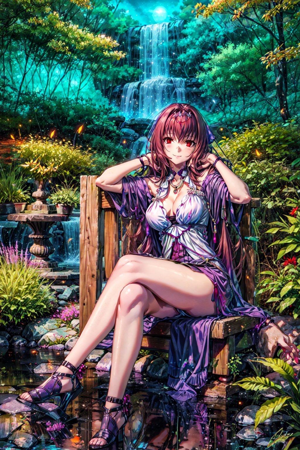 masterpiece,best quality,1girl,solo,mature female,scathach skadi \(fate\),FGOFES,FEScloth,smile,sitting,crossed legs,night,forest,fireflies,