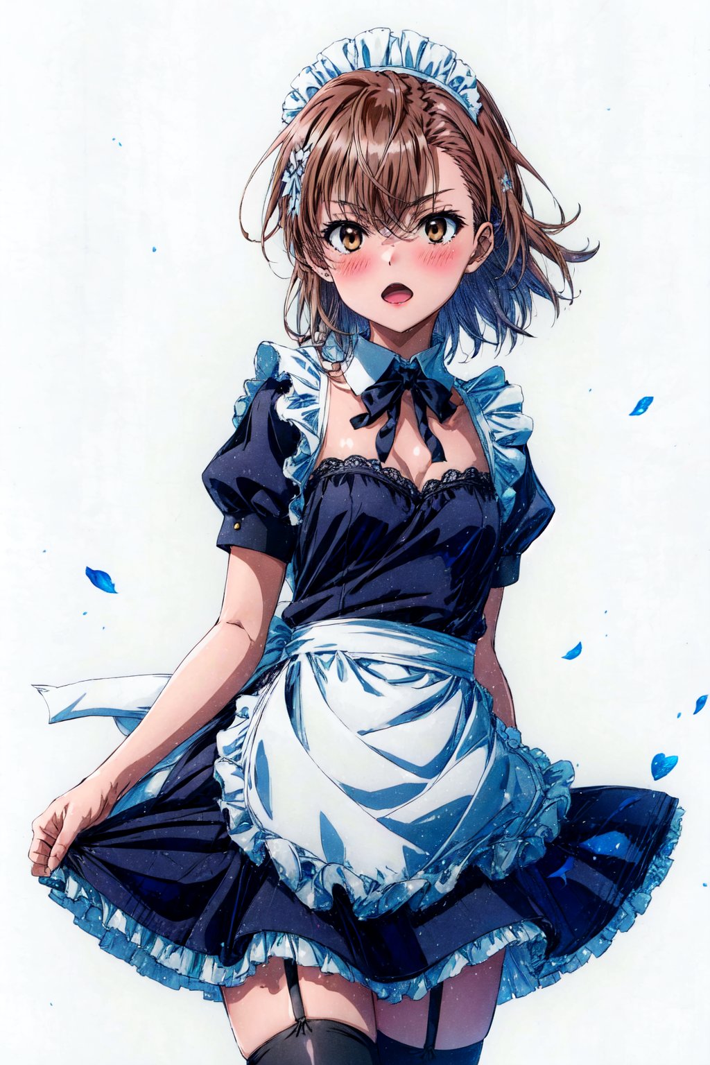 best quality, masterpiece, highres, solo, (misaka_mikoto_bluearchive:1.10), 1girl, enmaided, blush, maid headdress, maid apron, black dress, frilled apron, thighhighs, white apron, bow, looking at viewer, ribbon, short sleeves, simple background, white background, zettai ryouiki, detached collar, open mouth, puffy sleeves, 10