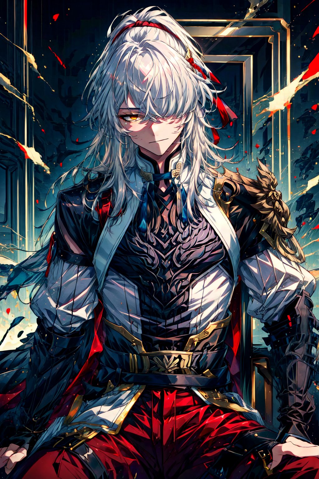 jing yuan(hsr),1boy , male focus , solo ,armor , long hair , white hair ,yellow eyes, hair over one eyes , red ribbon , red pant ,sitting , chair ,des , elbow rest, ,