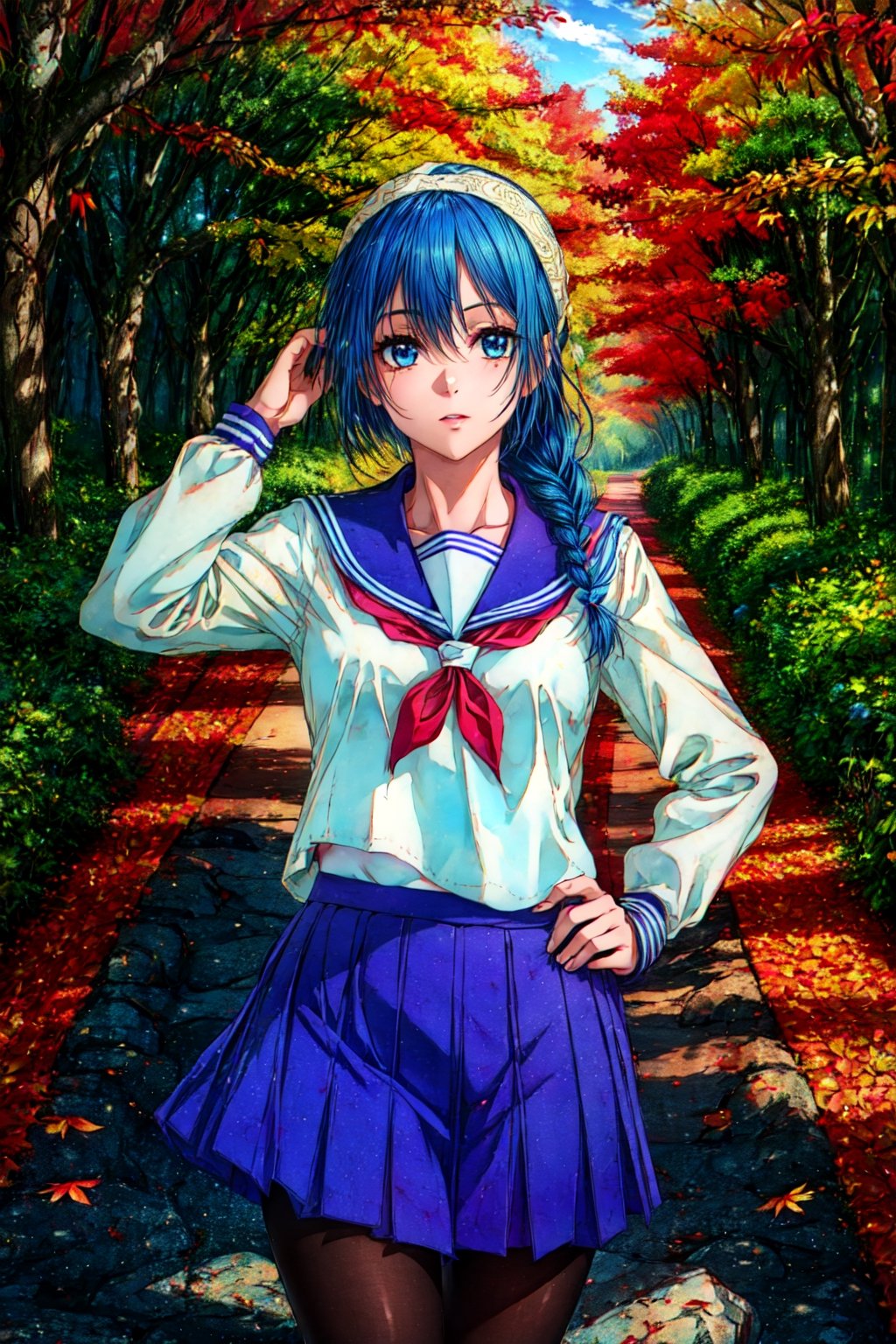 photorealistic, (4k), depth of field, (Masterpiece), (realistic skin texture), extremely detailed, intricate, hyper detailed, professional photography, bokeh, high resolution, sharp detail, best quality, girl, blue hair, single braid, blue eyes, school uniform, serafuku, white hairband, blue pleaded skirt, pantyhose, ,  , dynamic pose, (playing with her hair),  , autumn leaves, forest, sunset, pathway,